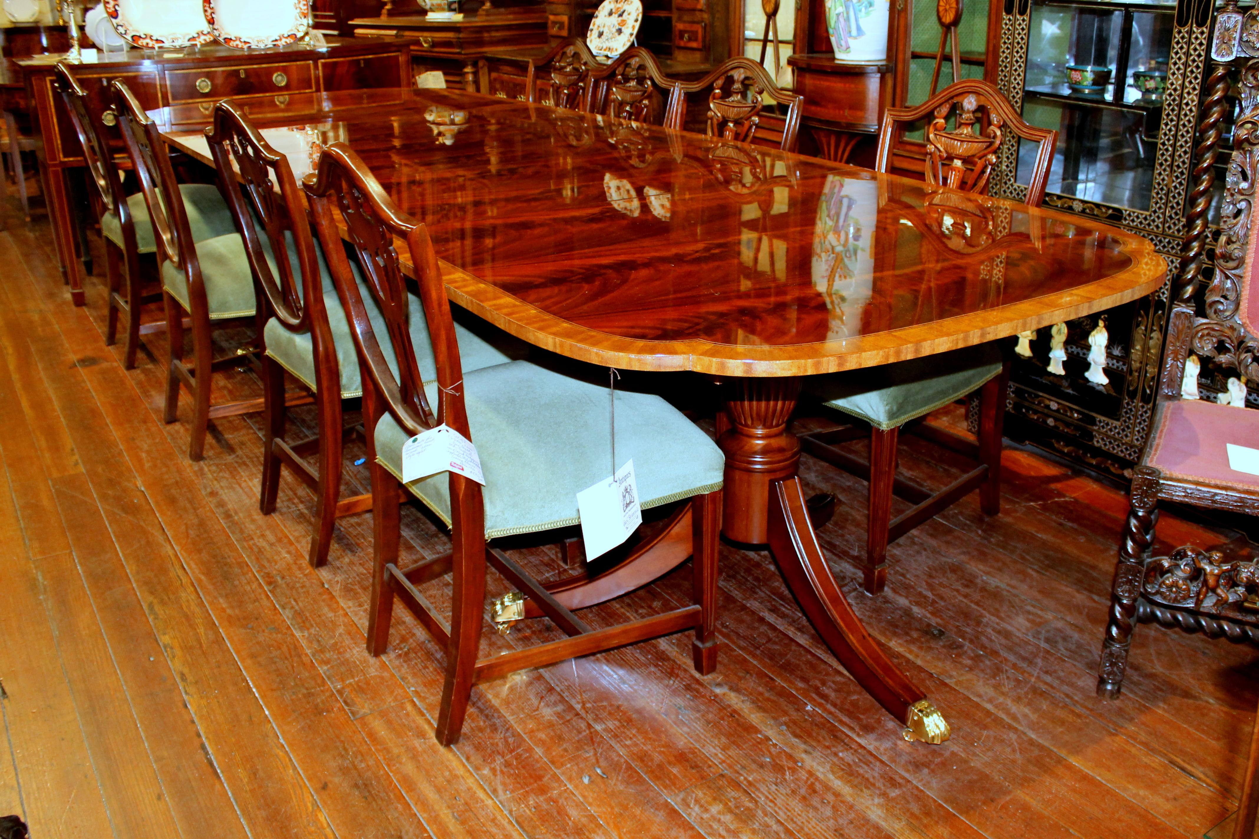 Bench Made Inlaid and Book-Matched Flame Mahogany Sheraton Style Dining Table 10