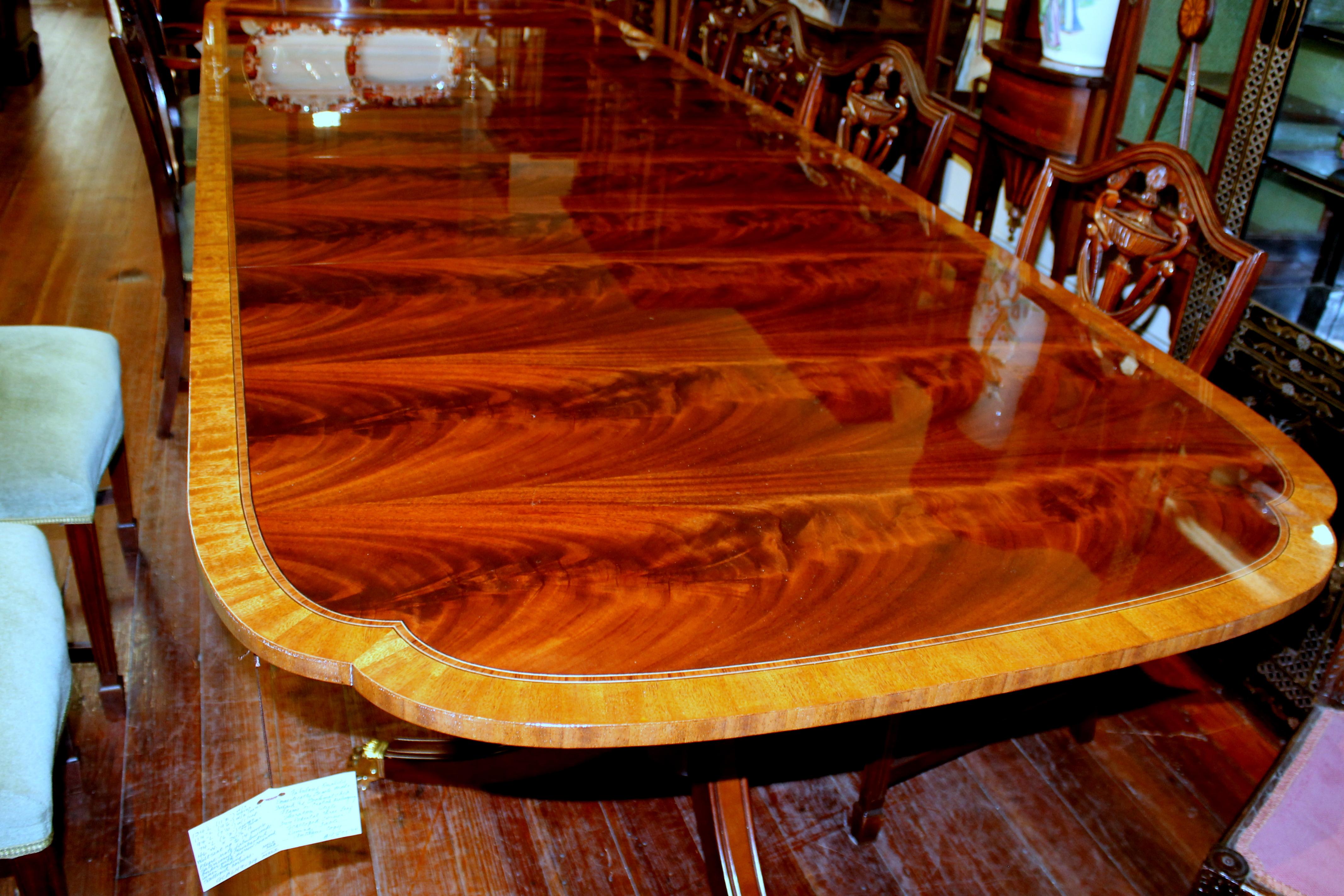 Bench Made Inlaid and Book-Matched Flame Mahogany Sheraton Style Dining Table 12