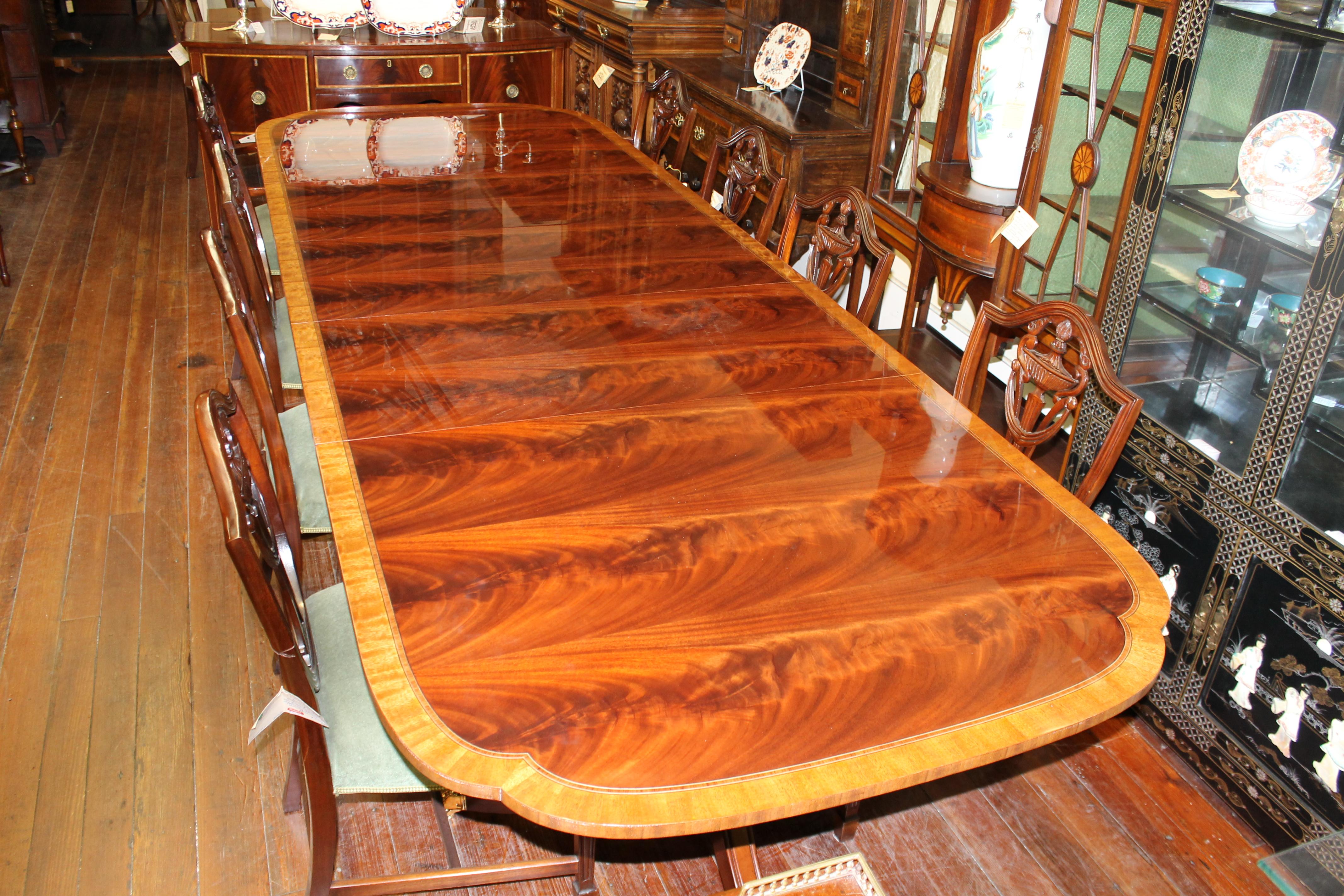 American Bench Made Inlaid and Book-Matched Flame Mahogany Sheraton Style Dining Table