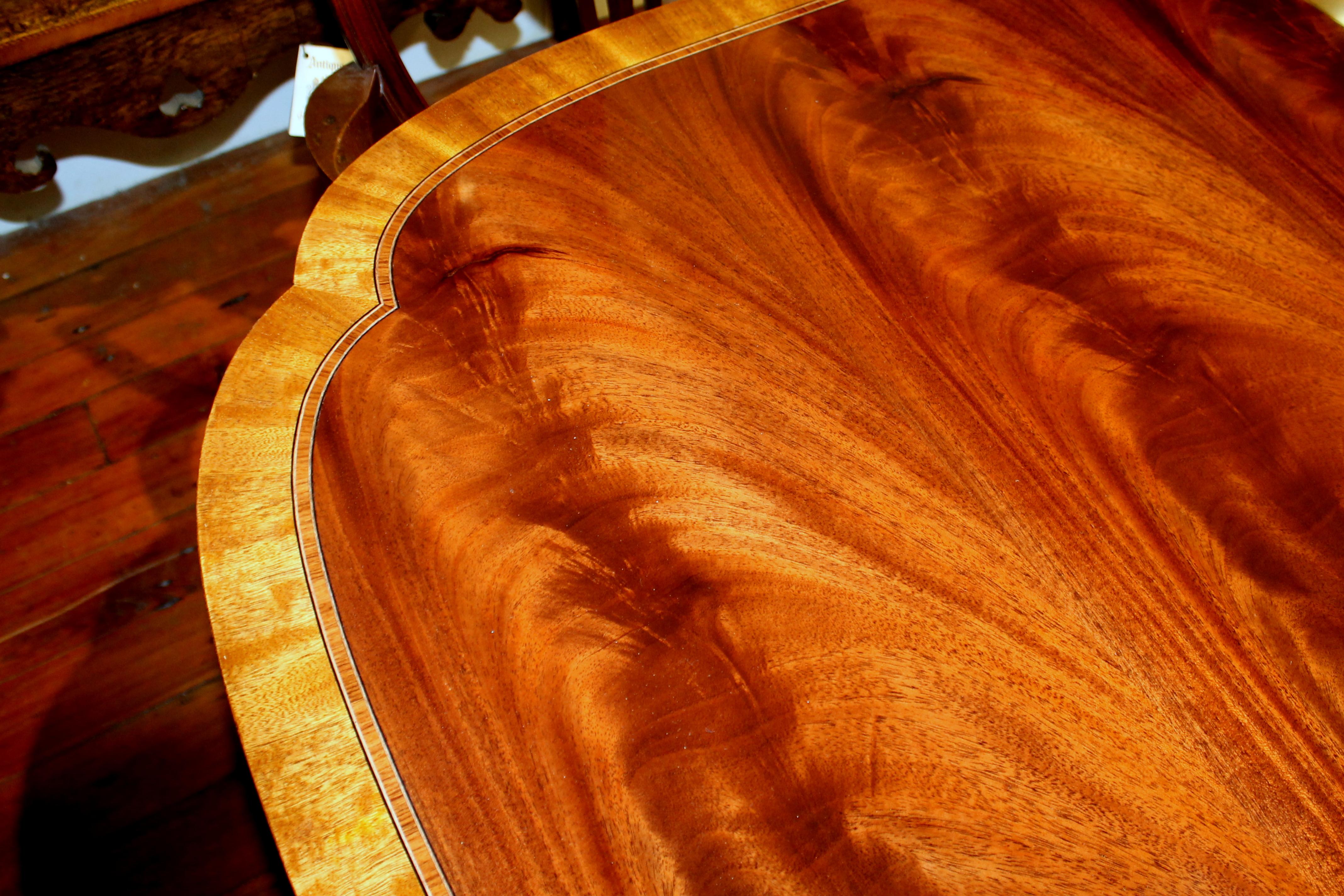 Bench Made Inlaid and Book-Matched Flame Mahogany Sheraton Style Dining Table 1