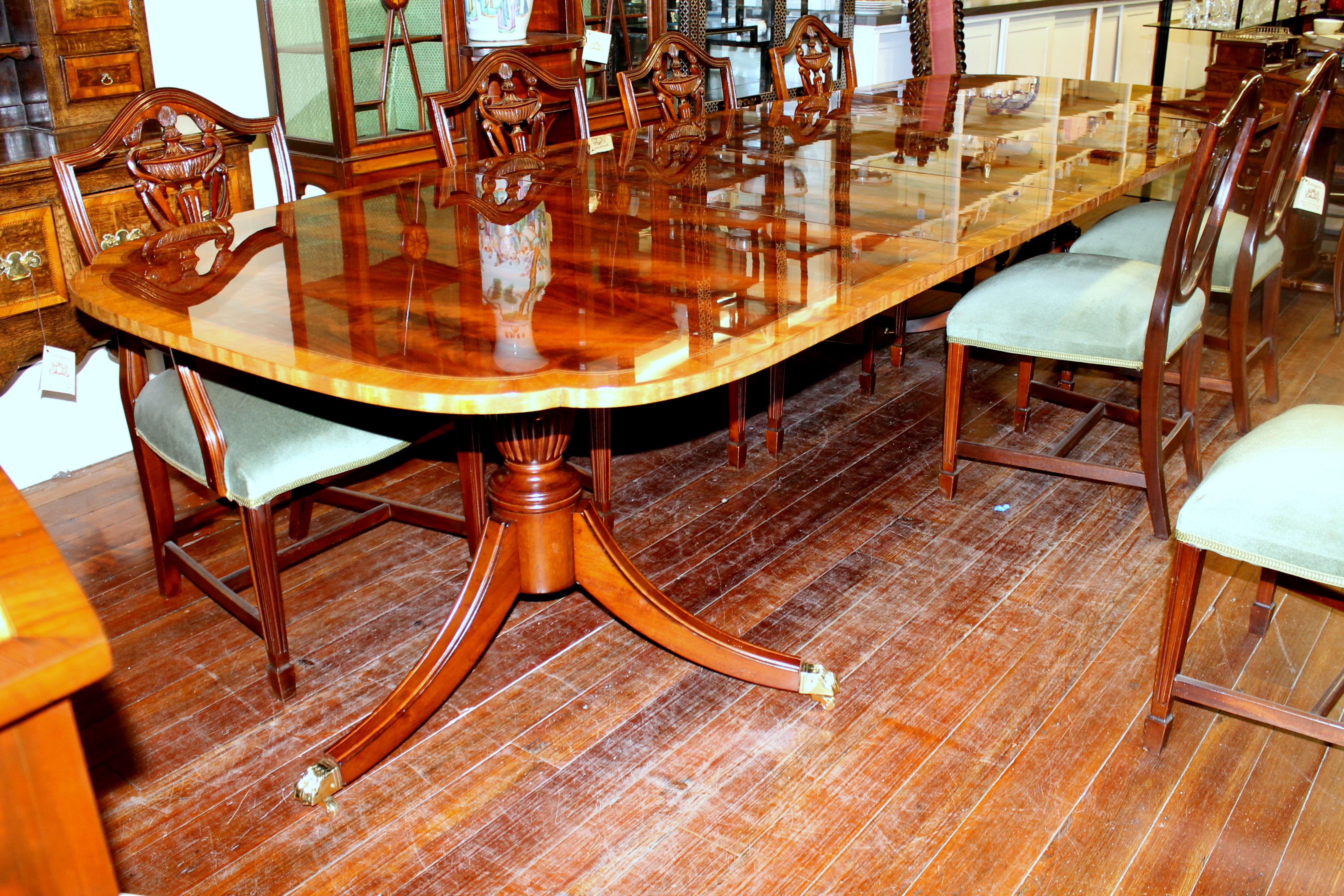 Bench Made Inlaid and Book-Matched Flame Mahogany Sheraton Style Dining Table 3