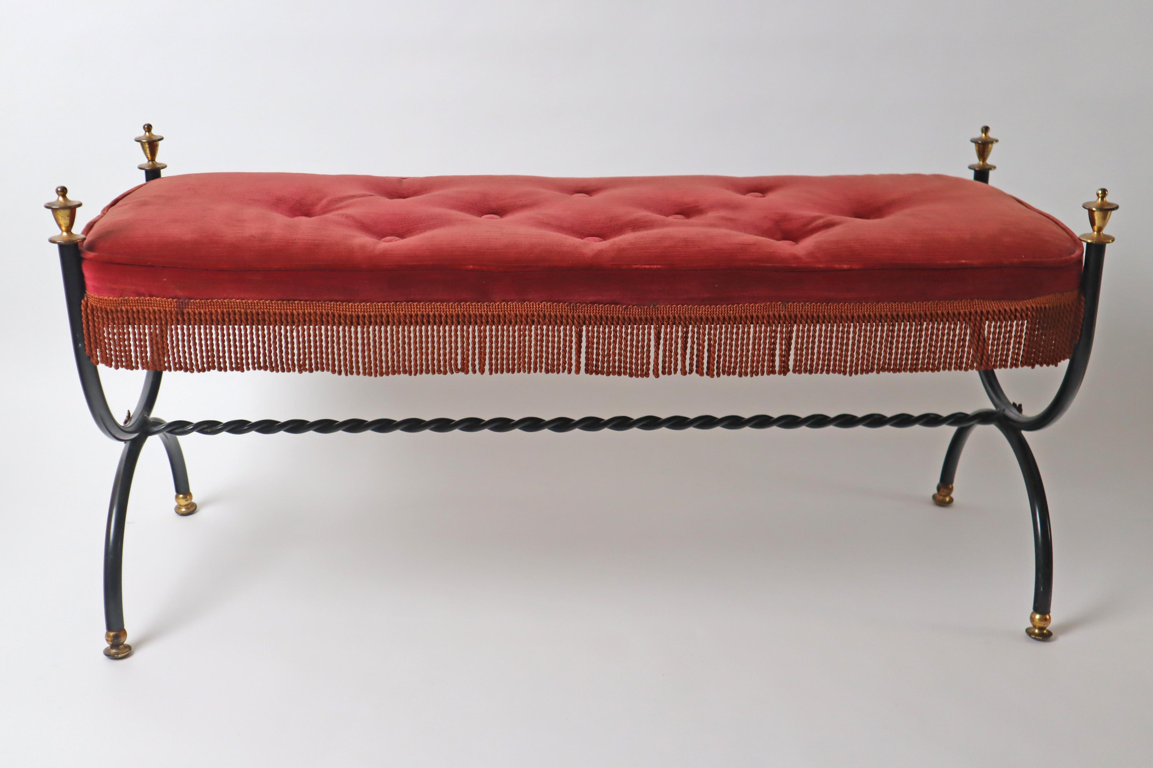 Bench made of Red Velvet  and Brass in the Style of Maison Jansen,  1960s 3