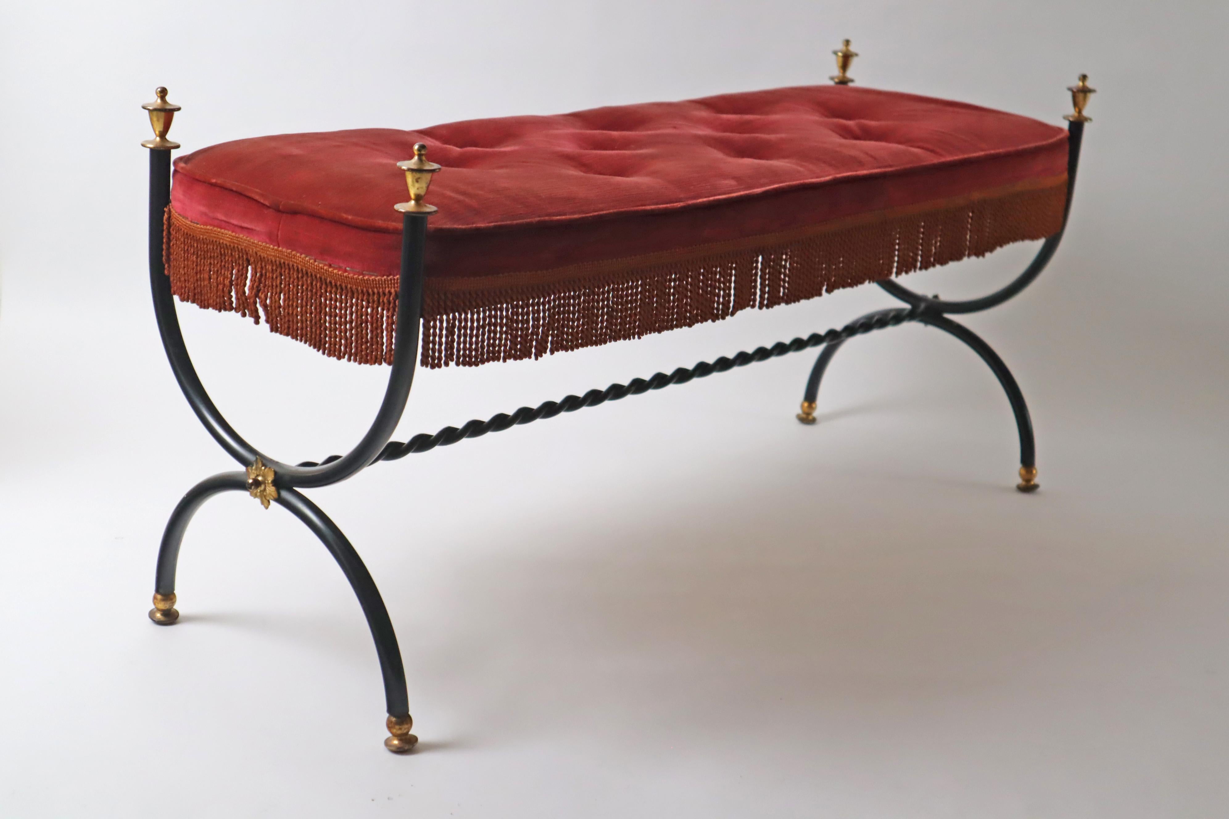Bench made of Red Velvet  and Brass in the Style of Maison Jansen,  1960s 7