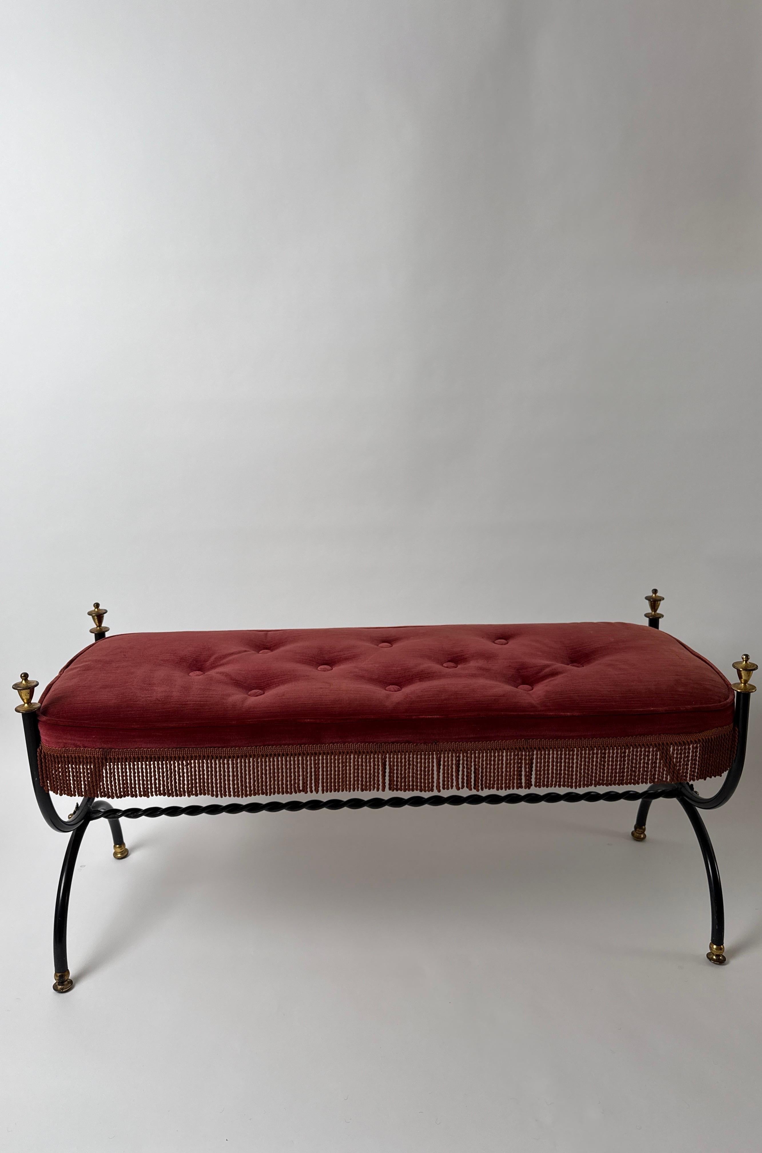 Elegant and beautiful bench made of red velvet and brass. This bench is really something special, this exquisite bench comes from a castle-like property. The condition is excellent for its age and there are only very minor signs of wear, which also