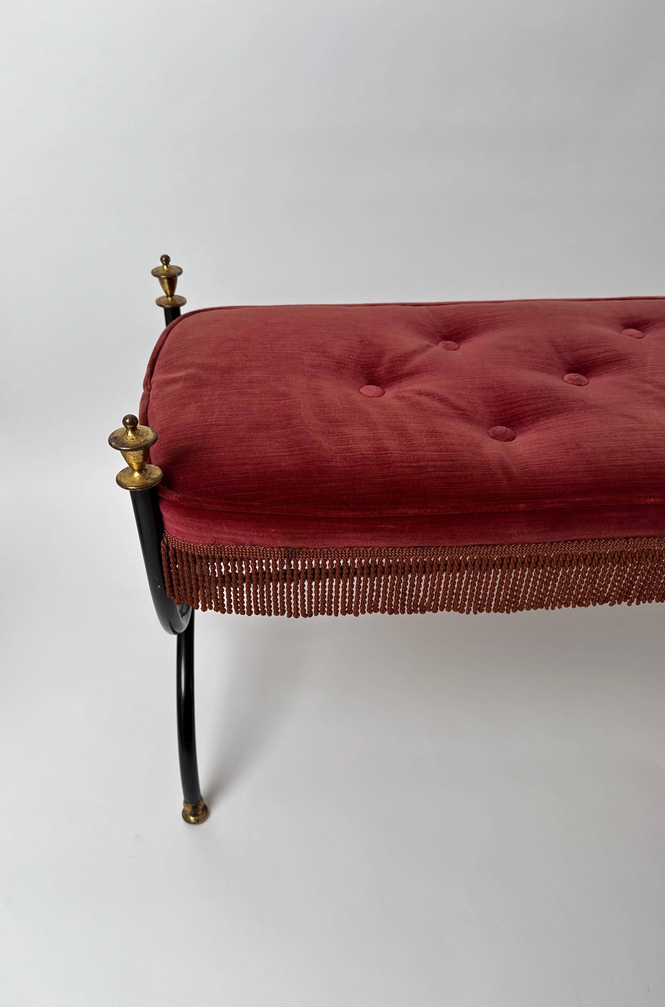 Hollywood Regency Bench made of Red Velvet  and Brass in the Style of Maison Jansen,  1960s