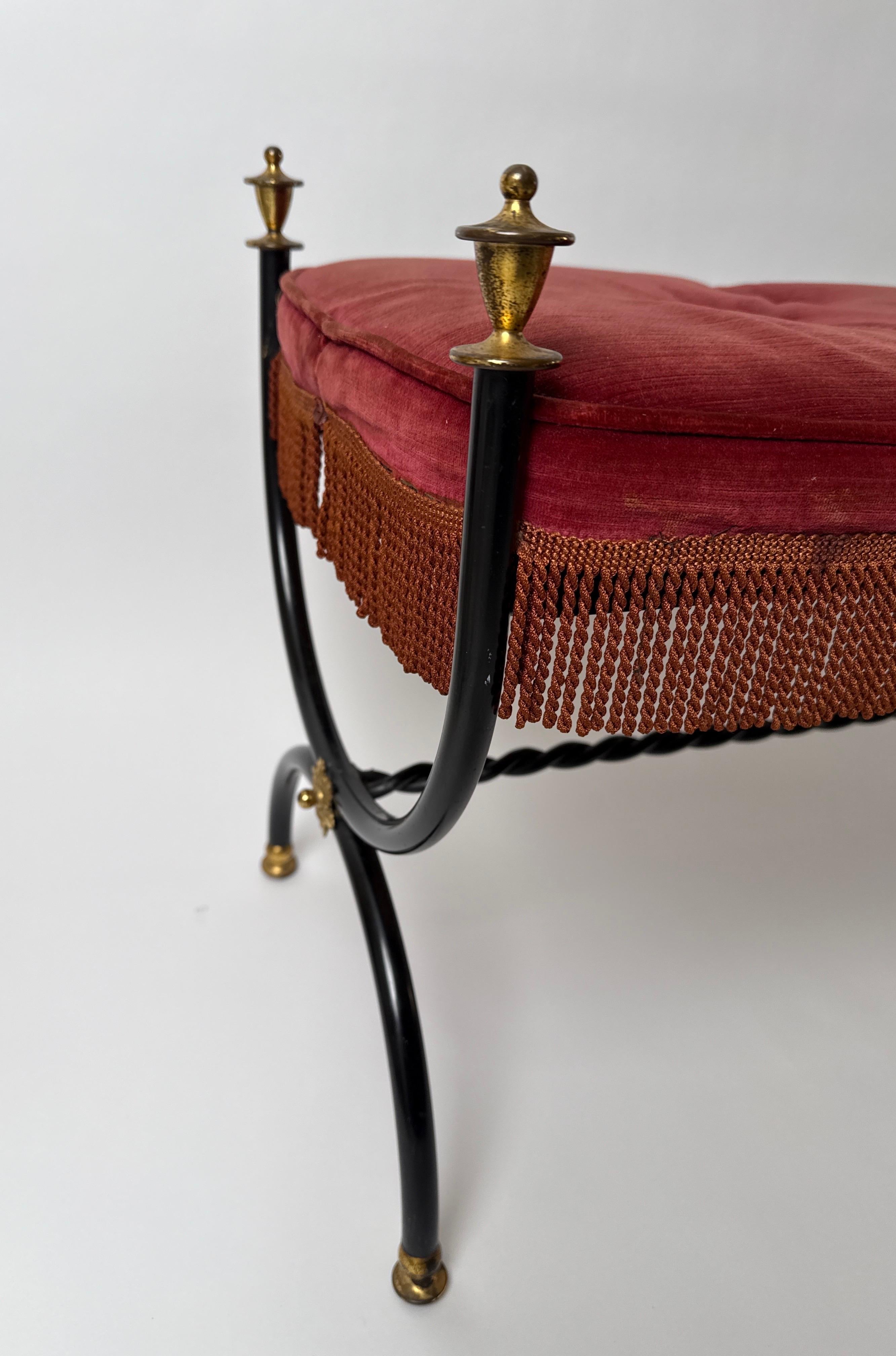 Hand-Crafted Bench made of Red Velvet  and Brass in the Style of Maison Jansen,  1960s