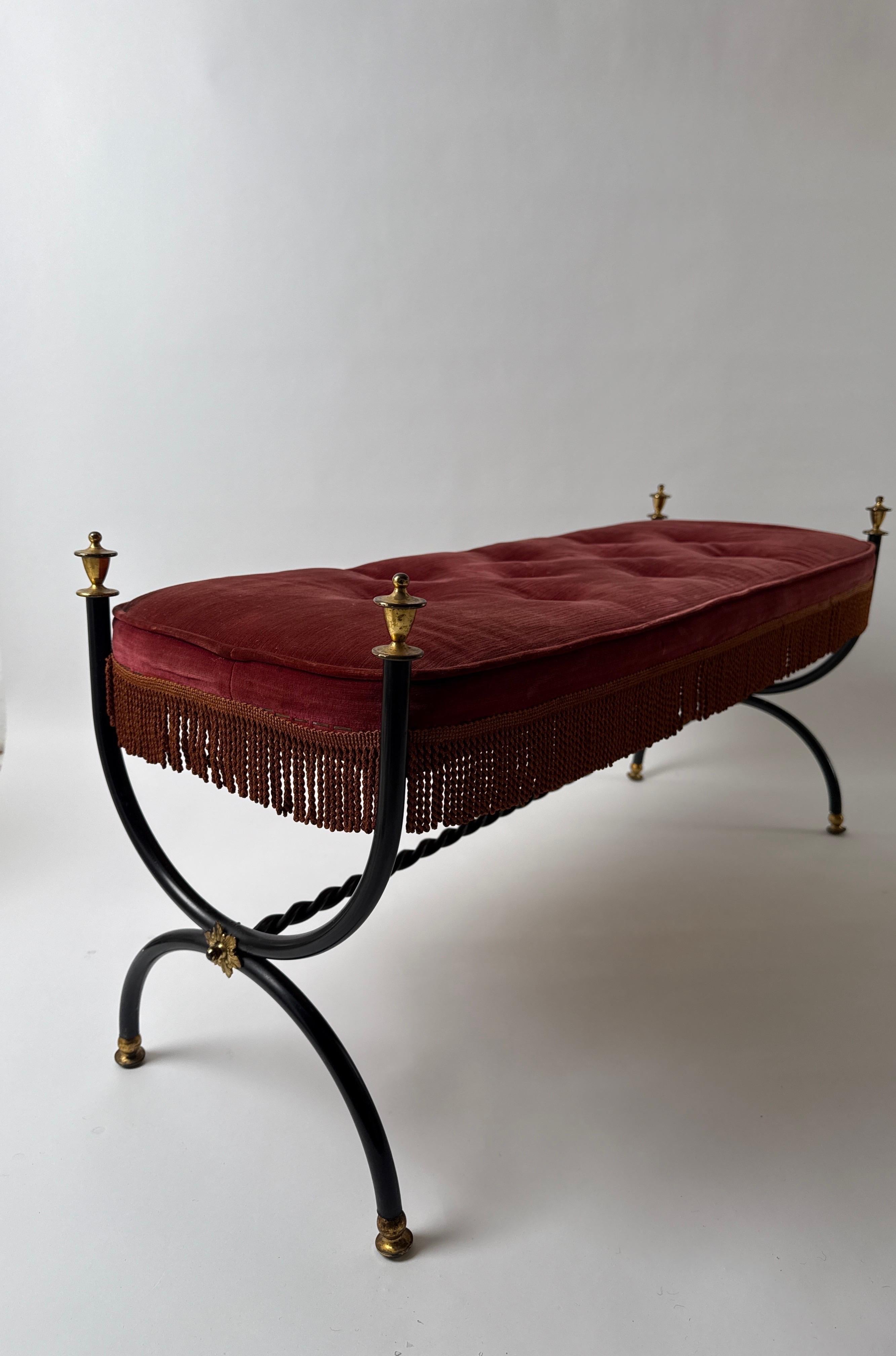 Mid-20th Century Bench made of Red Velvet  and Brass in the Style of Maison Jansen,  1960s