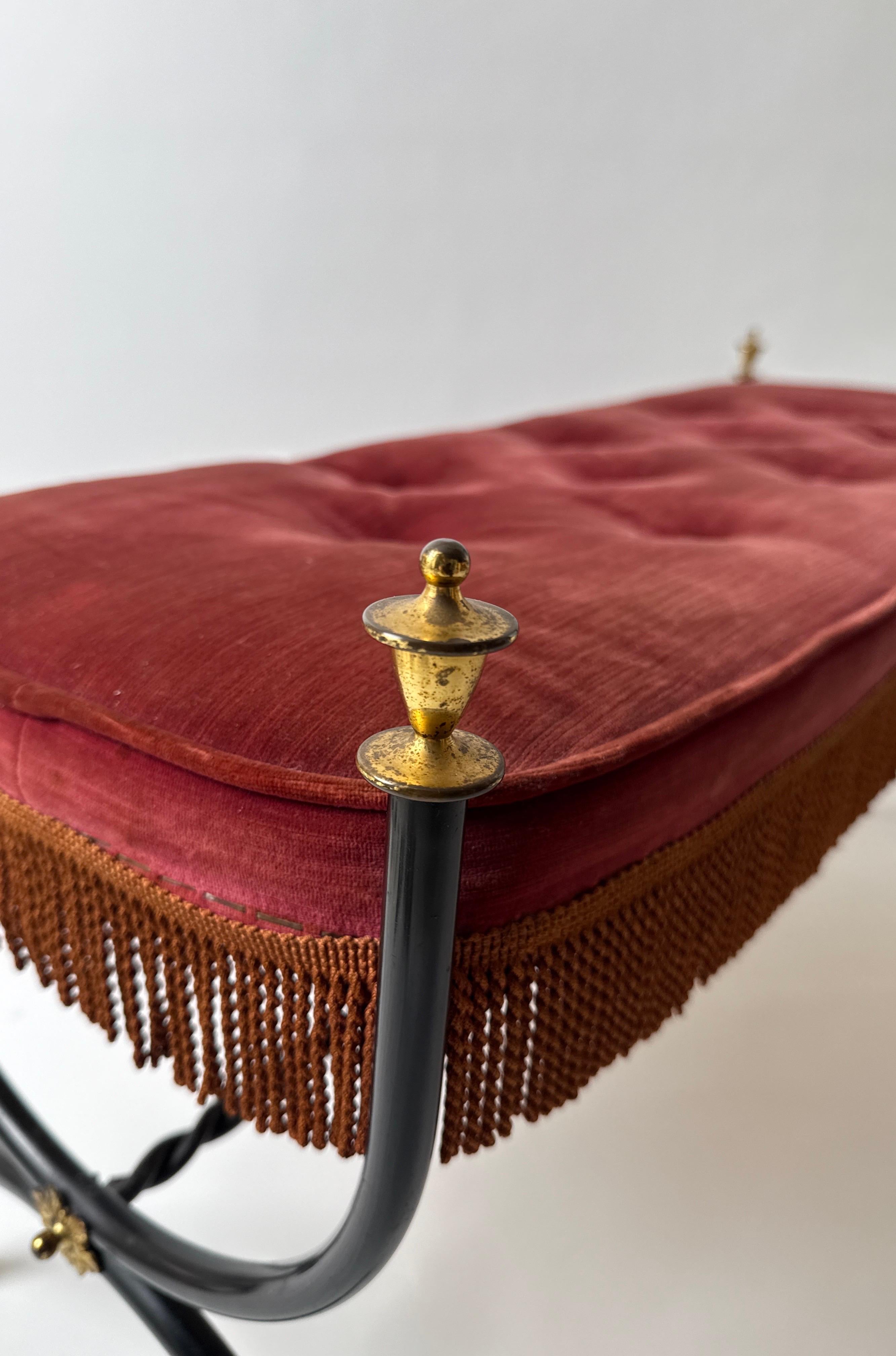 Metal Bench made of Red Velvet  and Brass in the Style of Maison Jansen,  1960s