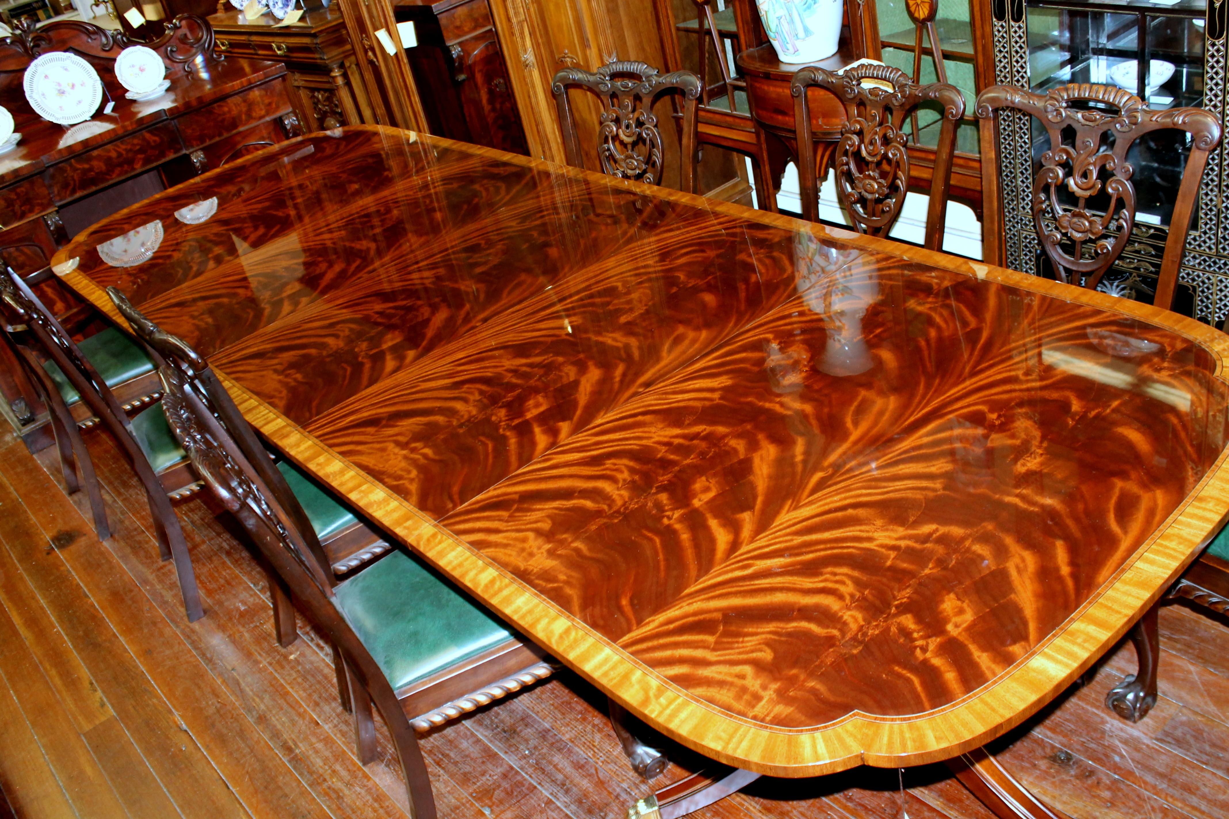 Bench Made Reprod, Inlaid Flame Mahogany Sheraton Style Three Leaf Dining Table 8