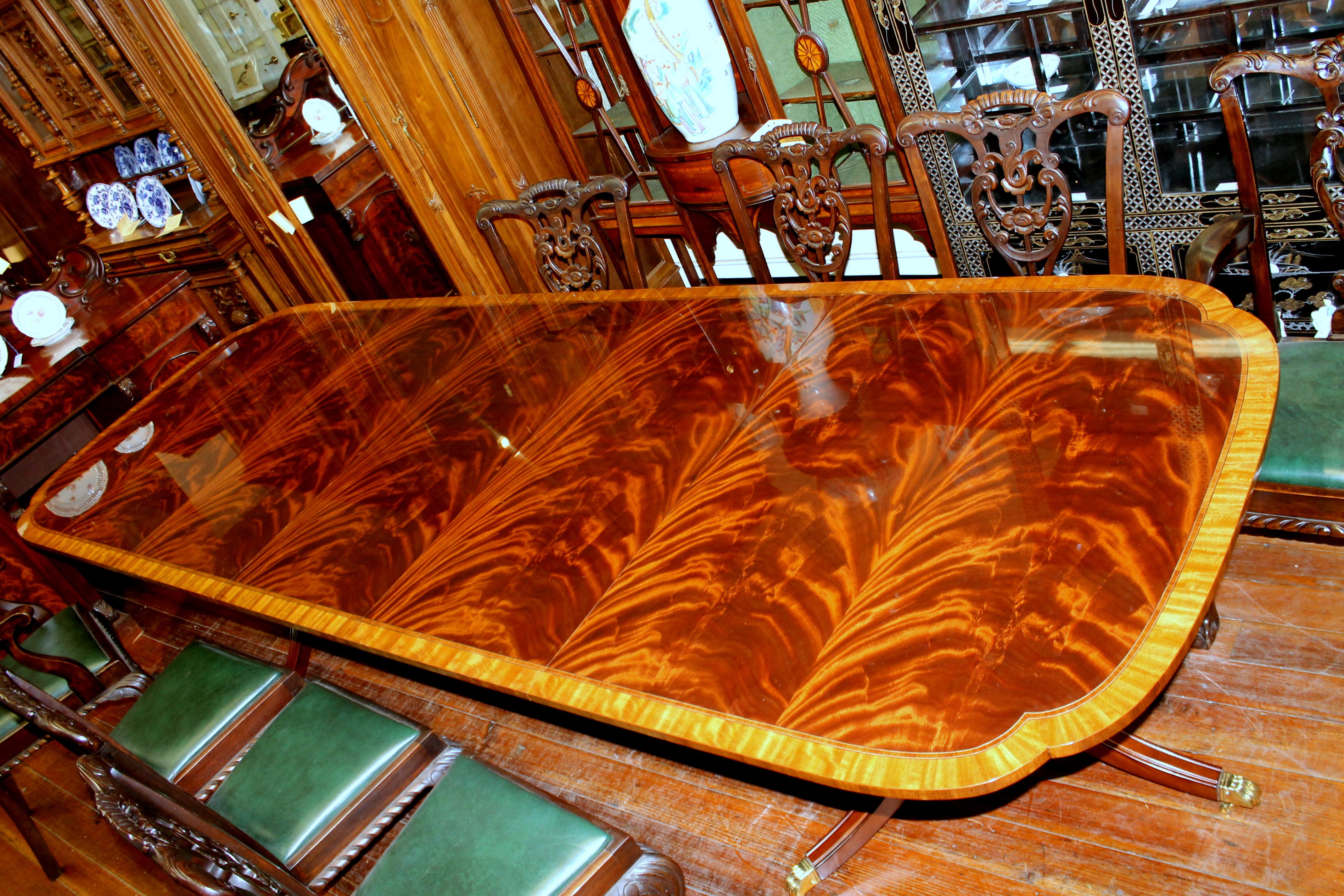Bench Made Reprod, Inlaid Flame Mahogany Sheraton Style Three Leaf Dining Table 9