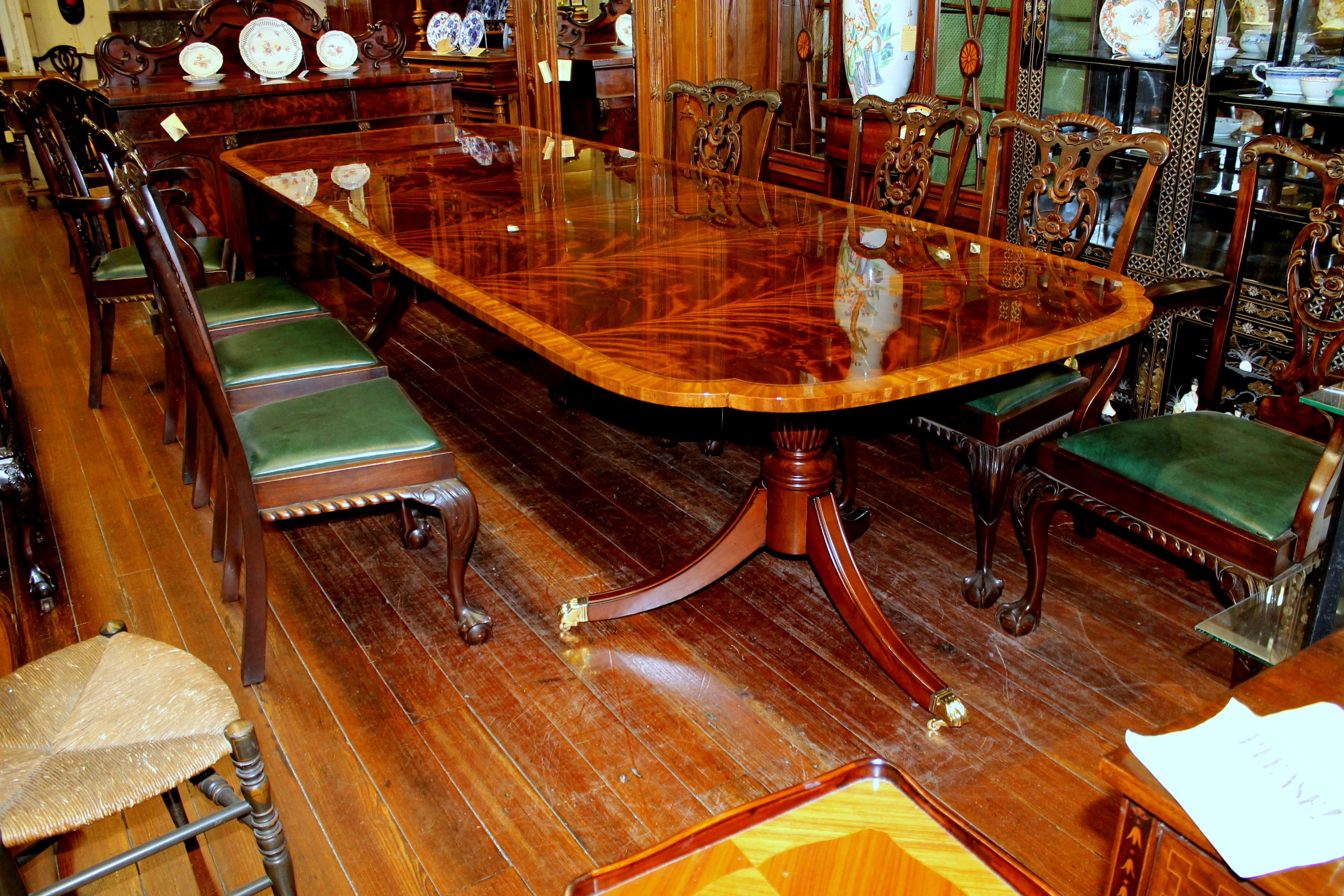 Bench Made Reprod, Inlaid Flame Mahogany Sheraton Style Three Leaf Dining Table 10