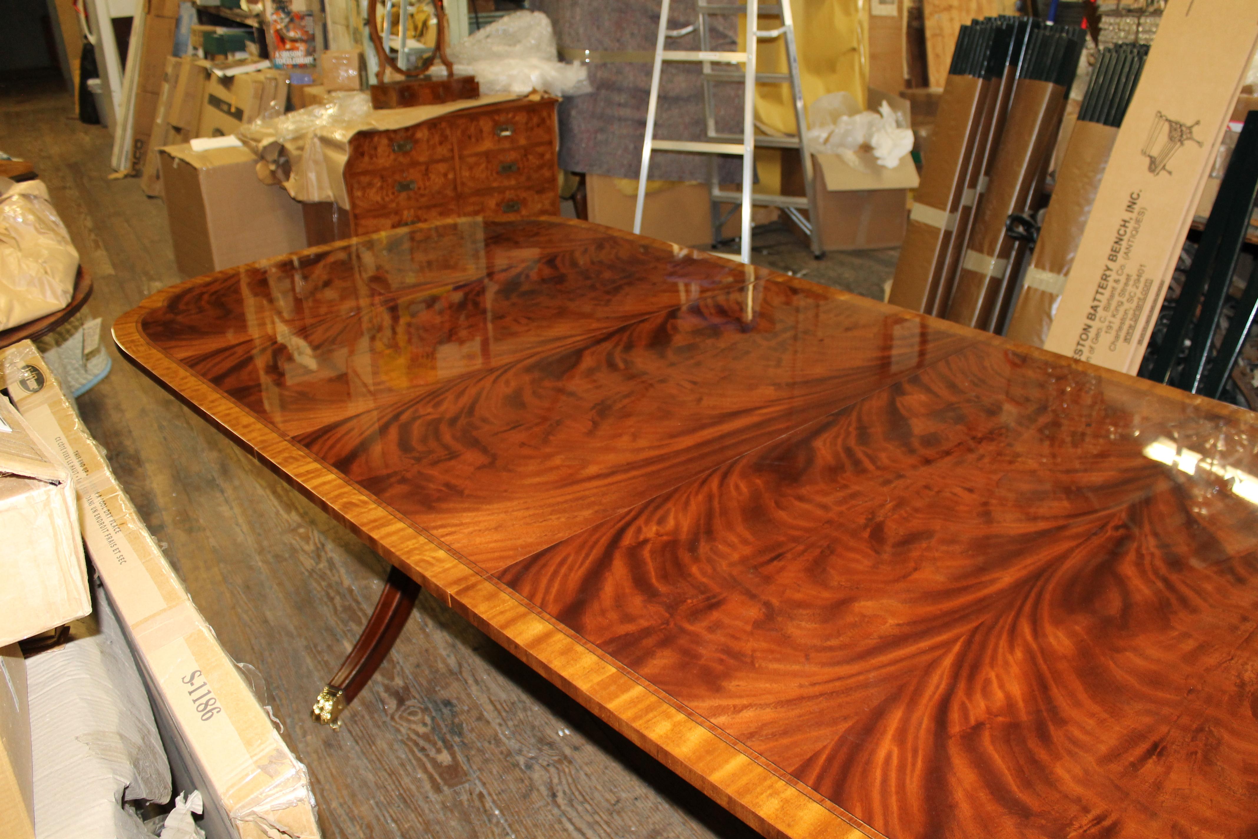 Rosewood Bench Made Reprod, Inlaid Flame Mahogany Sheraton Style Three Leaf Dining Table