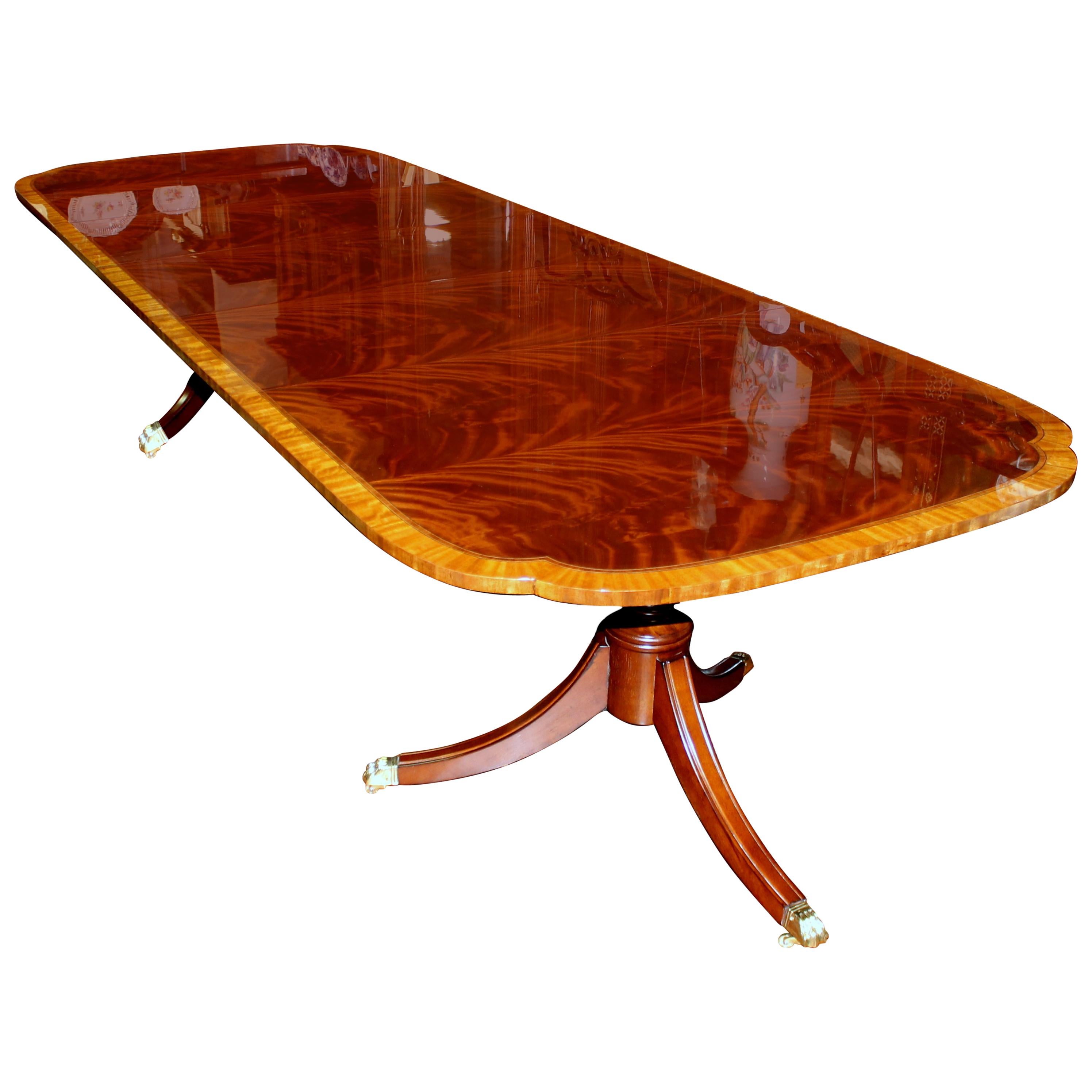 Bench Made Reprod, Inlaid Flame Mahogany Sheraton Style Three Leaf Dining Table
