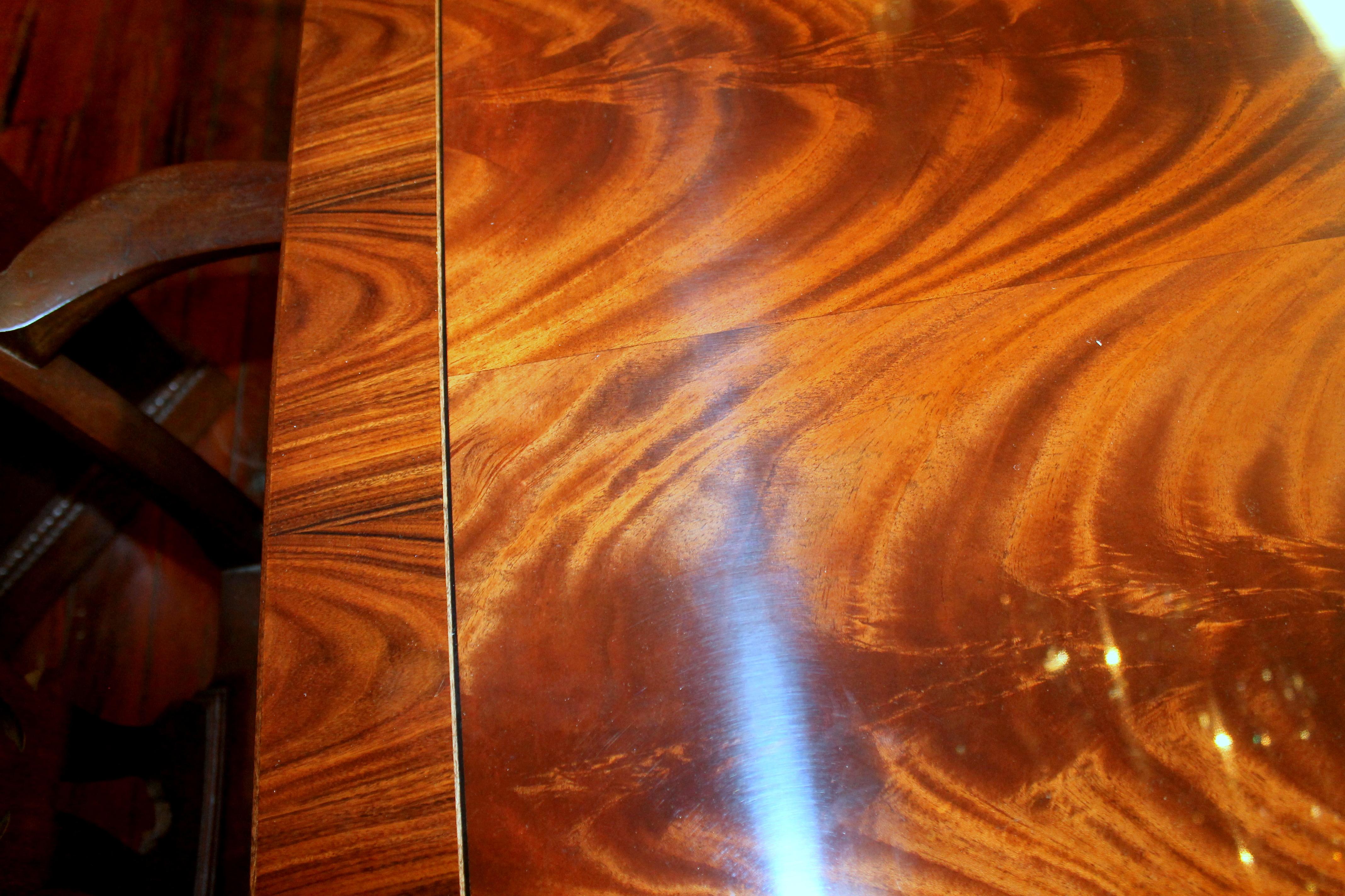 Bench Made Reprod, Inlaid Flame or Crotch Mahogany Sheraton Style Dining Table 8
