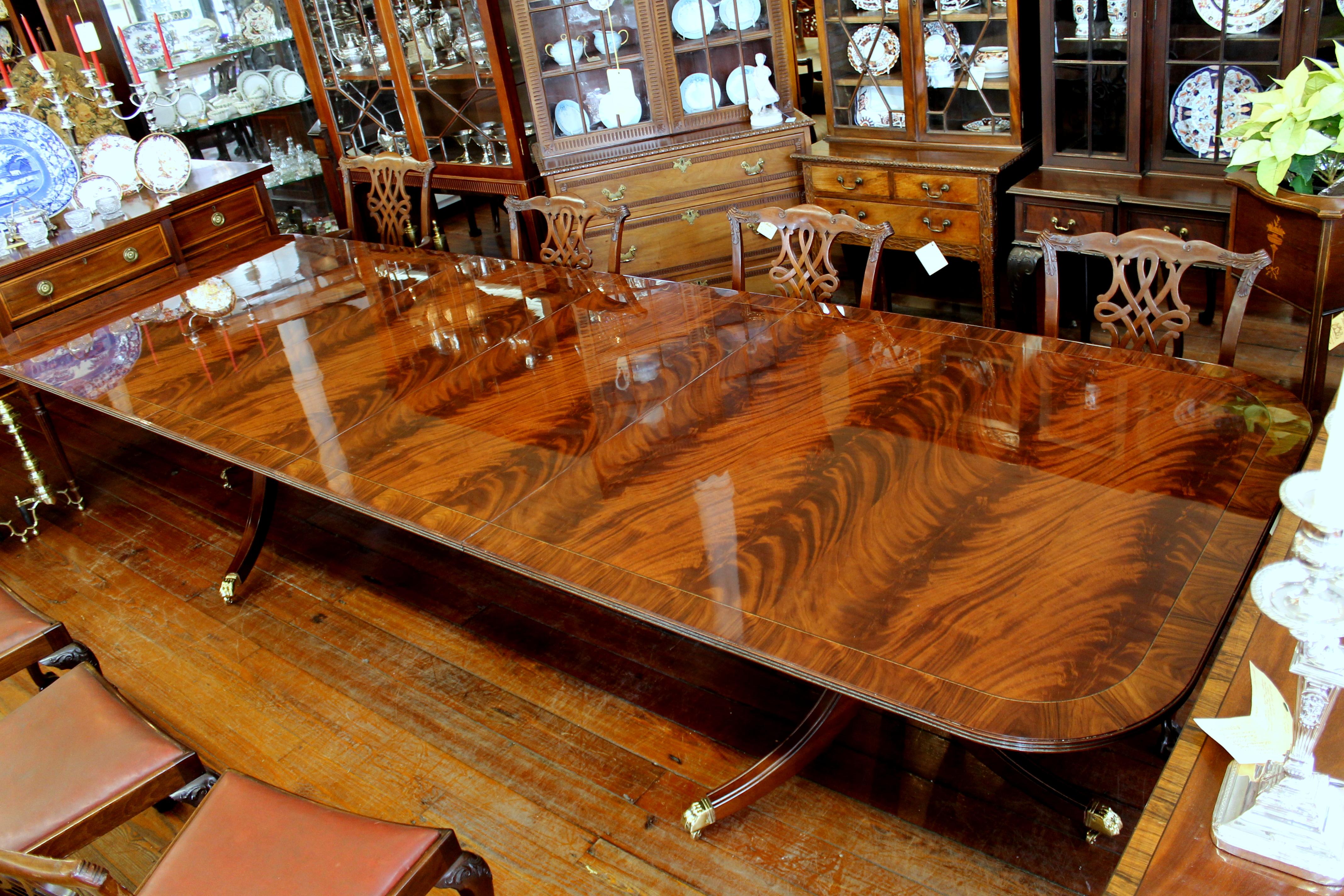 Bench Made Reprod, Inlaid Flame or Crotch Mahogany Sheraton Style Dining Table 10