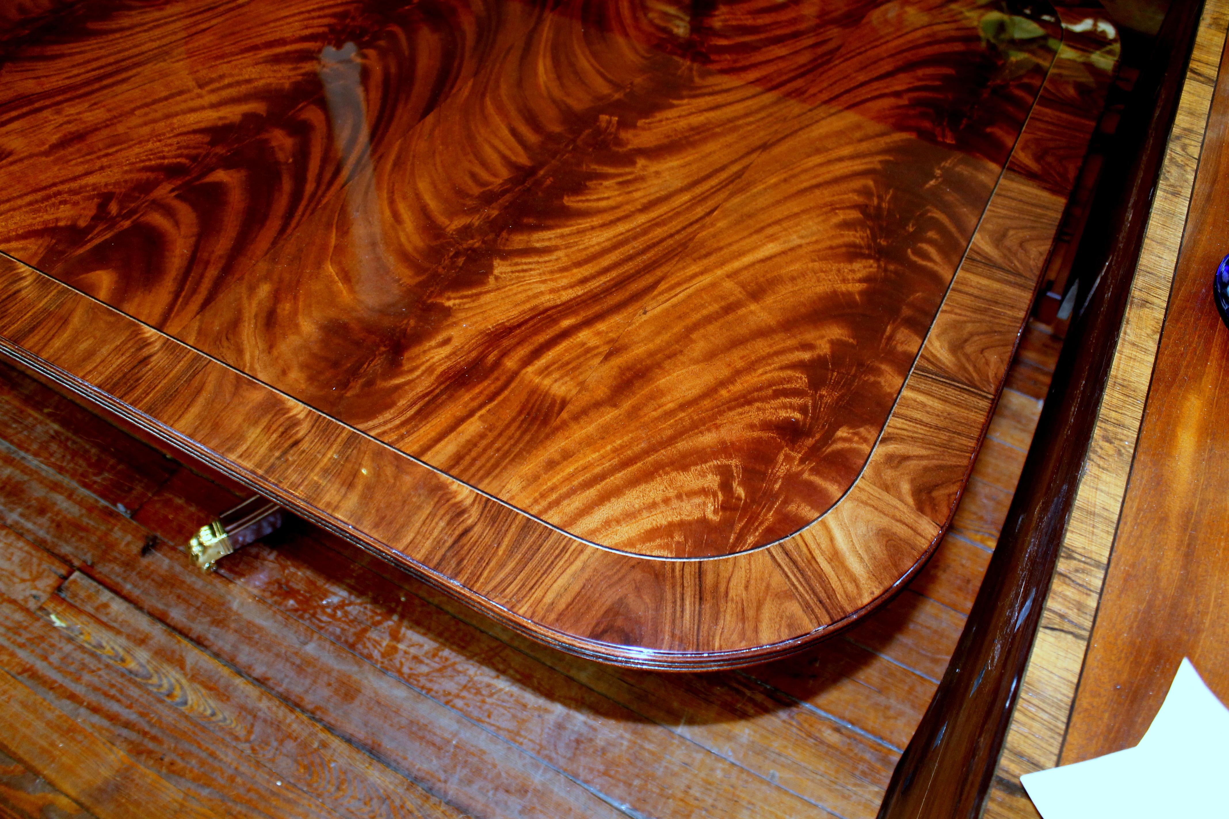 Bench Made Reprod, Inlaid Flame or Crotch Mahogany Sheraton Style Dining Table 11