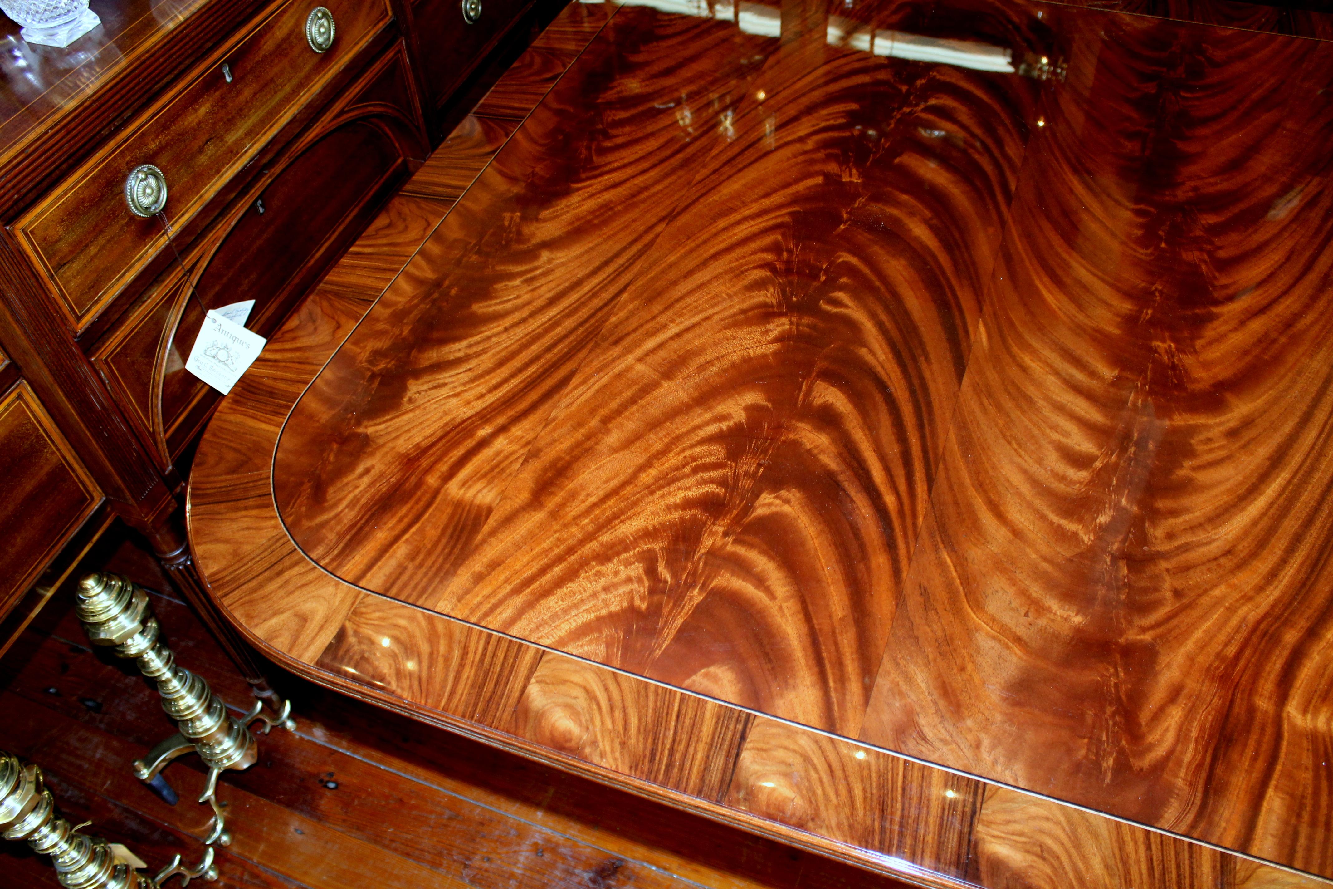 Bench Made Reprod, Inlaid Flame or Crotch Mahogany Sheraton Style Dining Table 12