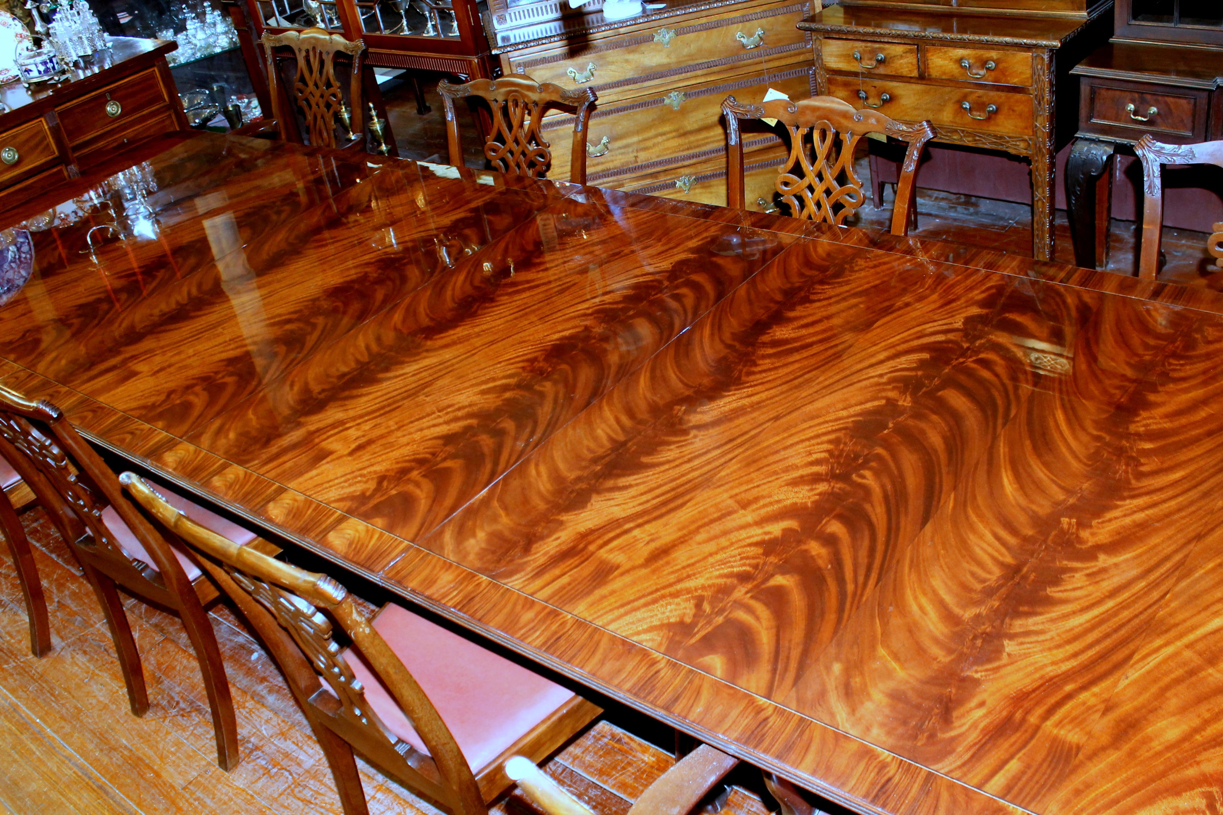 Inlay Bench Made Reprod, Inlaid Flame or Crotch Mahogany Sheraton Style Dining Table