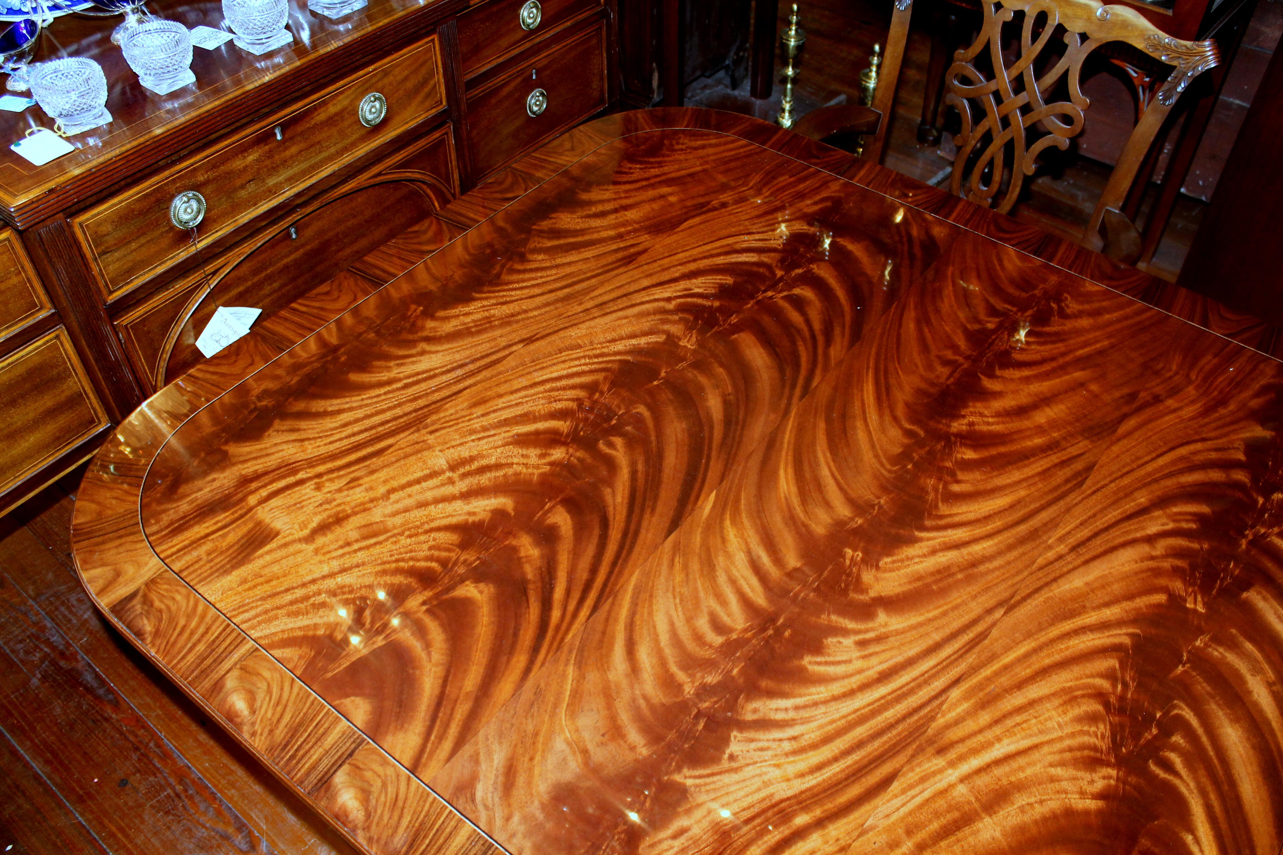 Contemporary Bench Made Reprod, Inlaid Flame or Crotch Mahogany Sheraton Style Dining Table