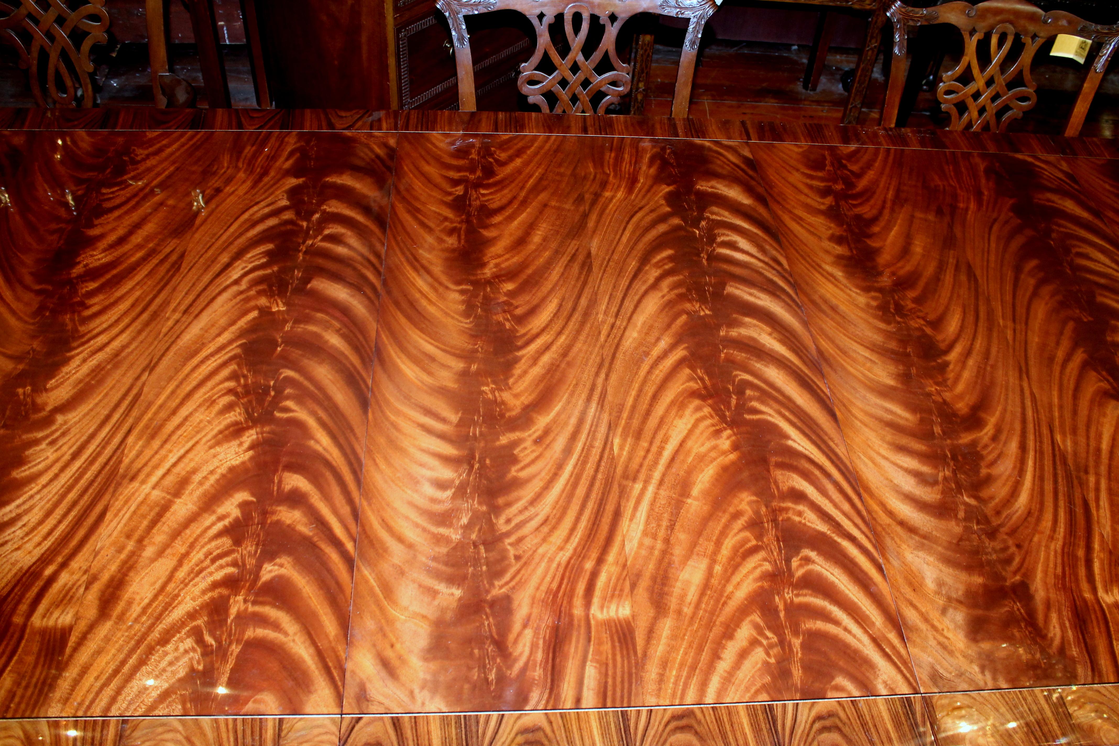 Bench Made Reprod, Inlaid Flame or Crotch Mahogany Sheraton Style Dining Table 1