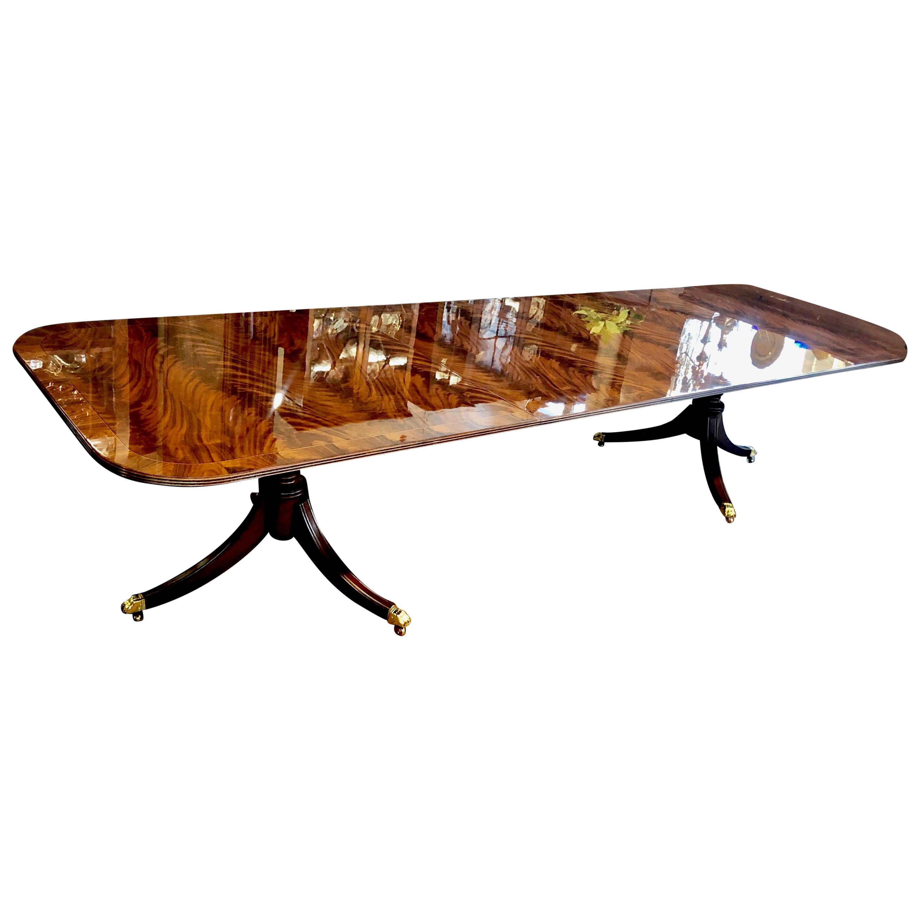 Bench Made Reprod, Inlaid Flame or Crotch Mahogany Sheraton Style Dining Table
