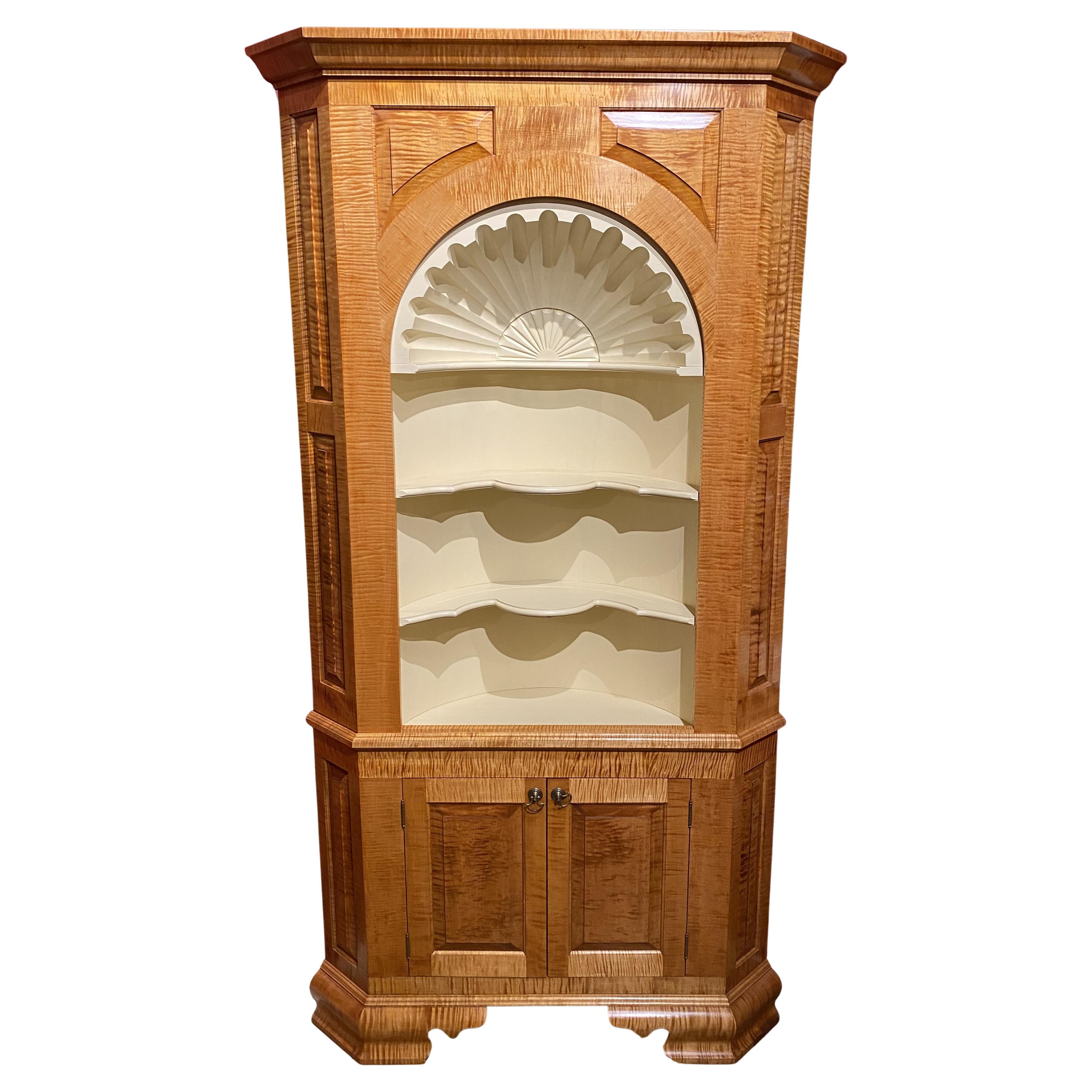 Bench Made Tiger Maple Two Part Paneled Corner Cupboard w/ Shell Carving For Sale