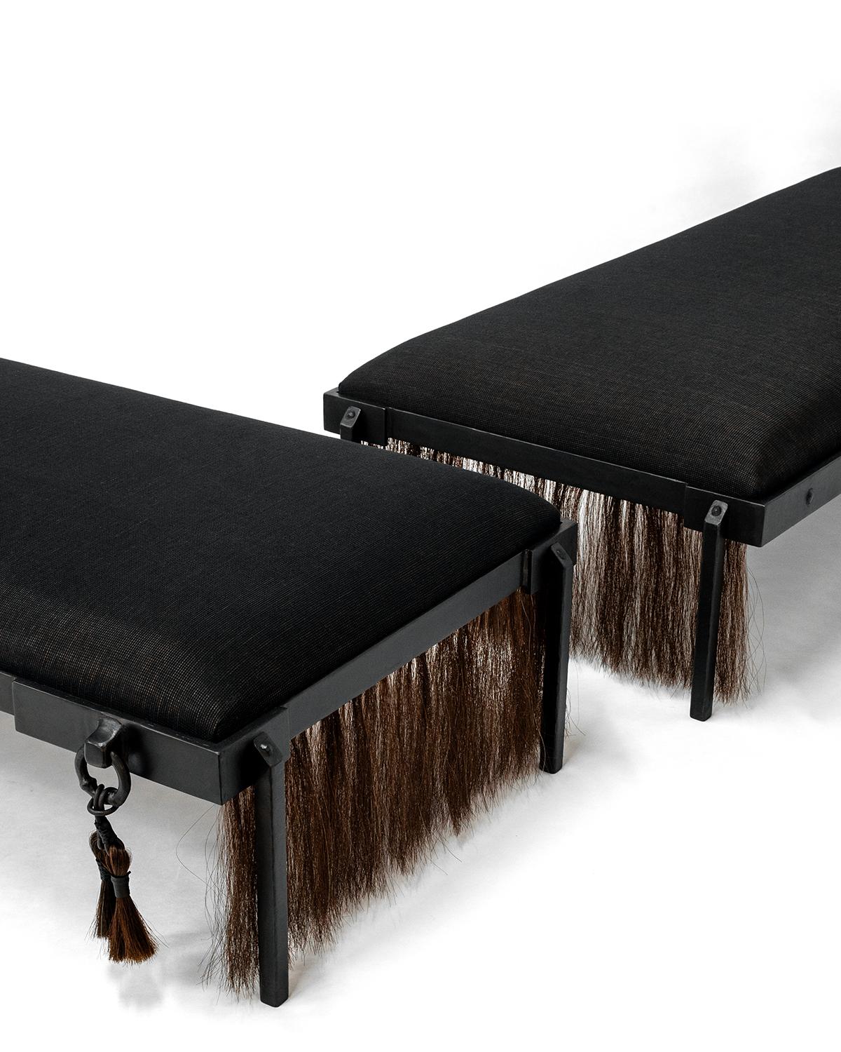 Bench Modern Hand Carved Handwoven Horsehair Brown Blackened Steel Tassel Fringe For Sale 1