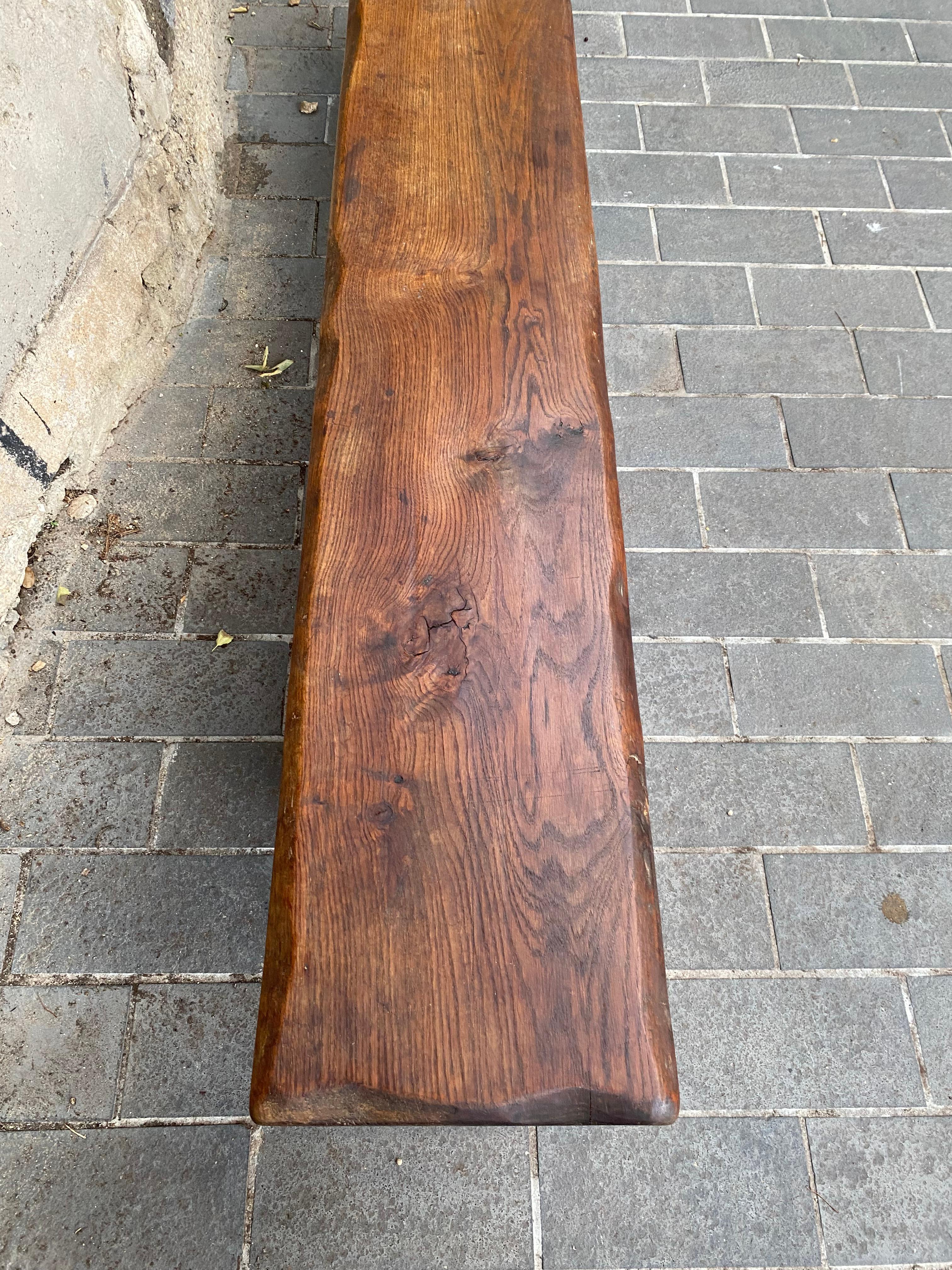 Rustic solid oak bench. Molding work on the top and crosspiece. Can be adapted to a modern or old place. Can be placed inside or outside. French work