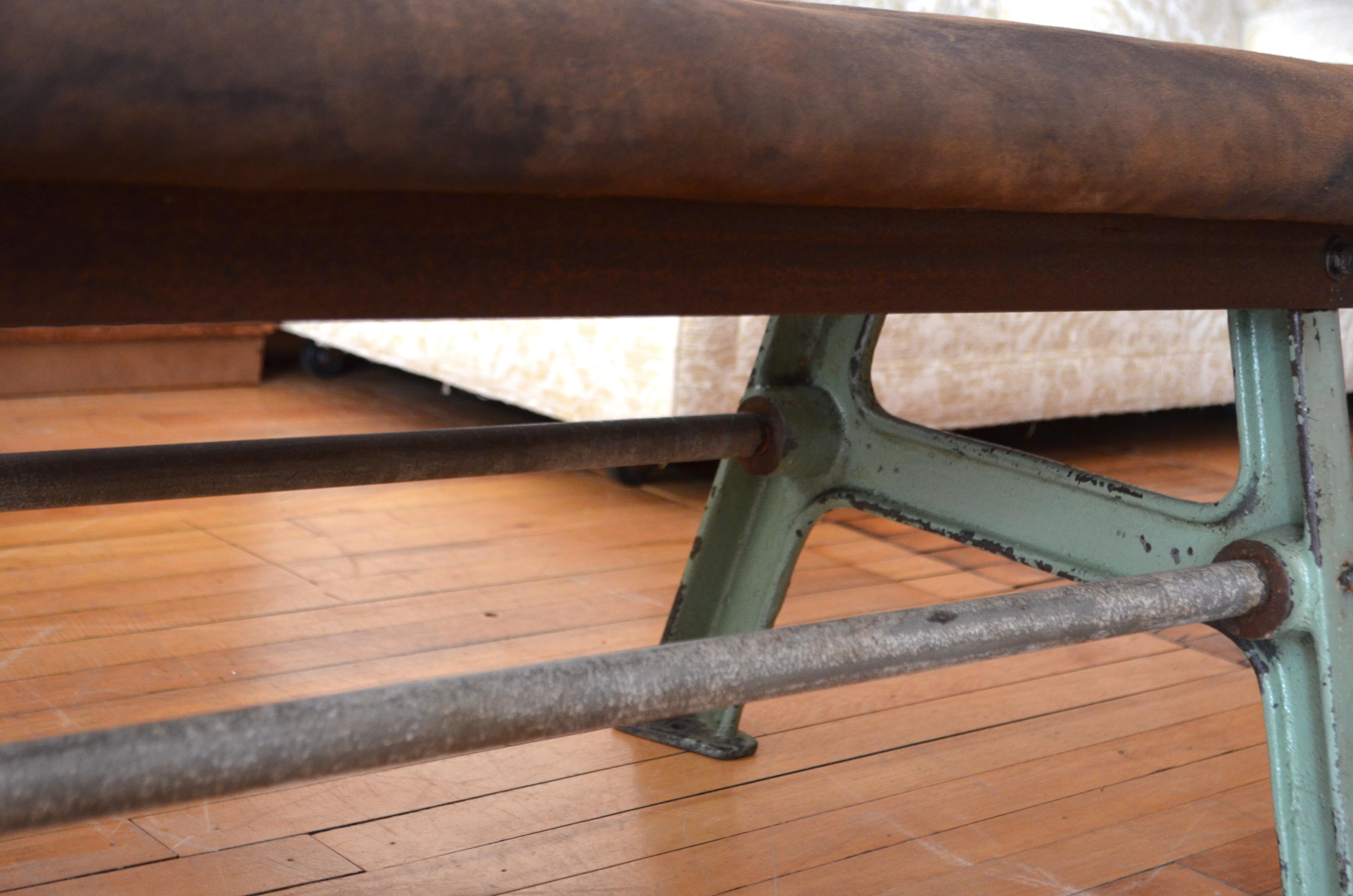 Bench of Suede Leather with Industrial Forged Iron Base, Early 20th Century For Sale 7