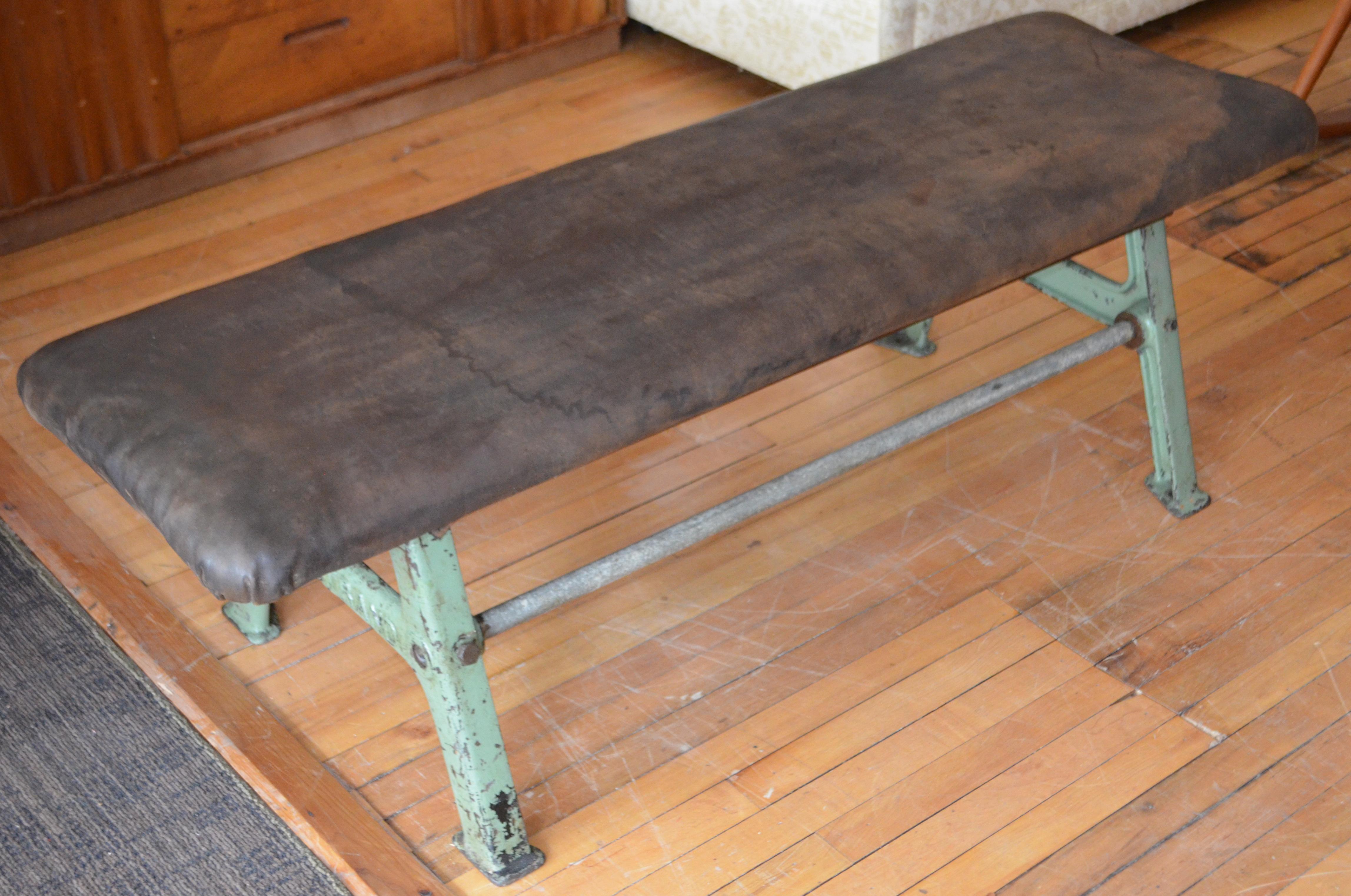 American Bench of Suede Leather with Industrial Forged Iron Base, Early 20th Century For Sale