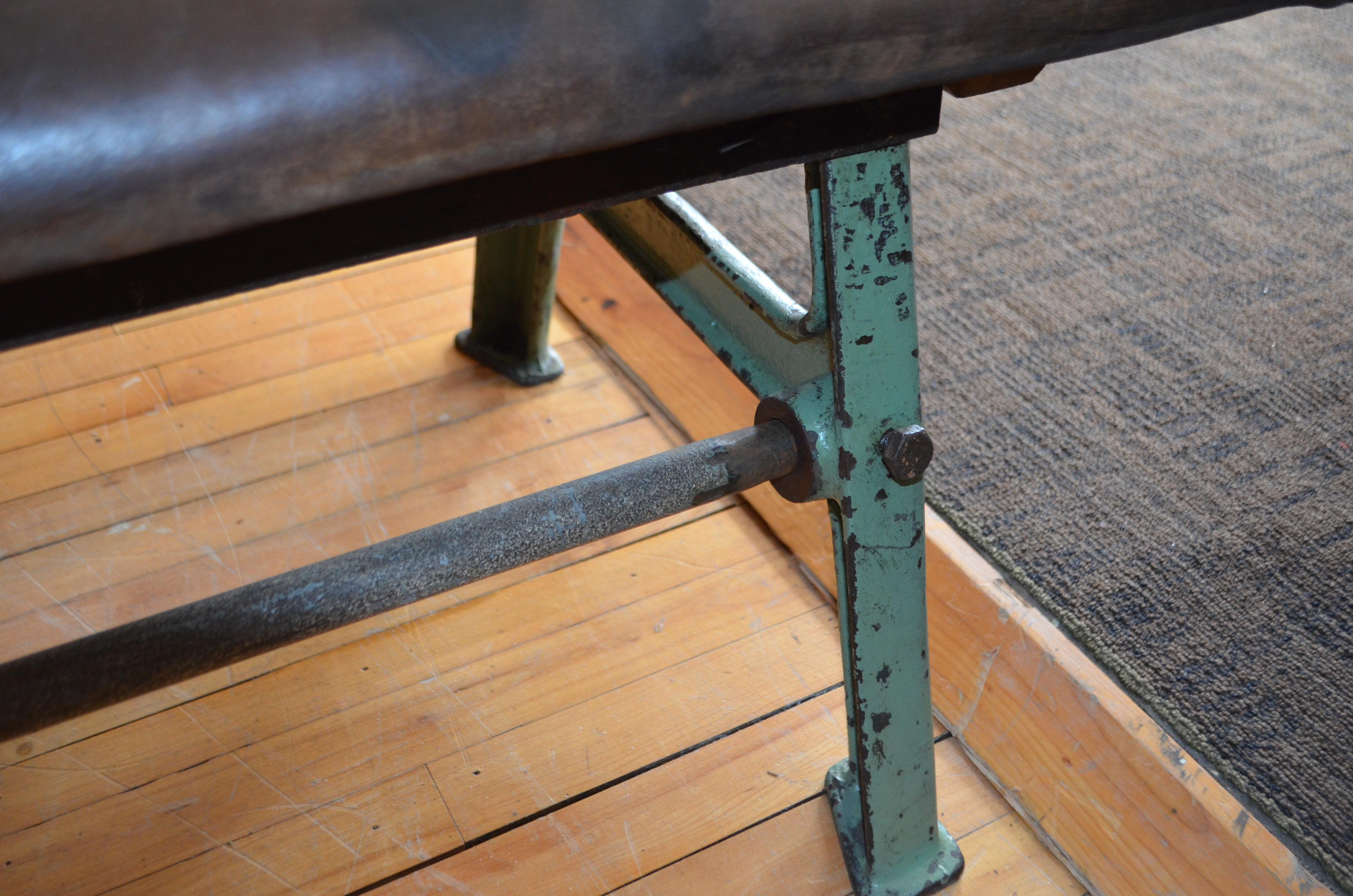 Bench of Suede Leather with Industrial Forged Iron Base, Early 20th Century For Sale 2