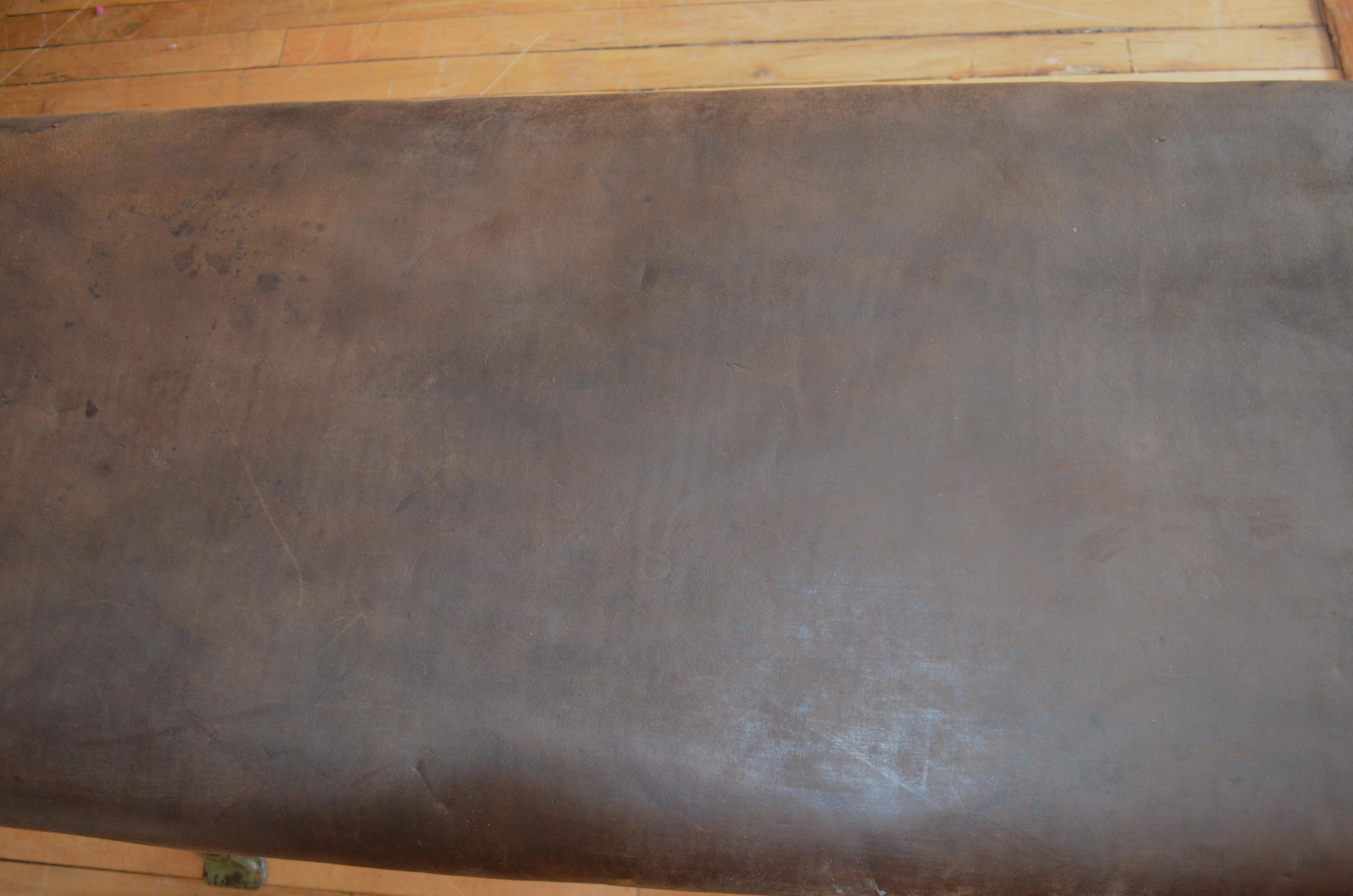 Bench of Suede Leather with Industrial Forged Iron Base, Early 20th Century For Sale 4