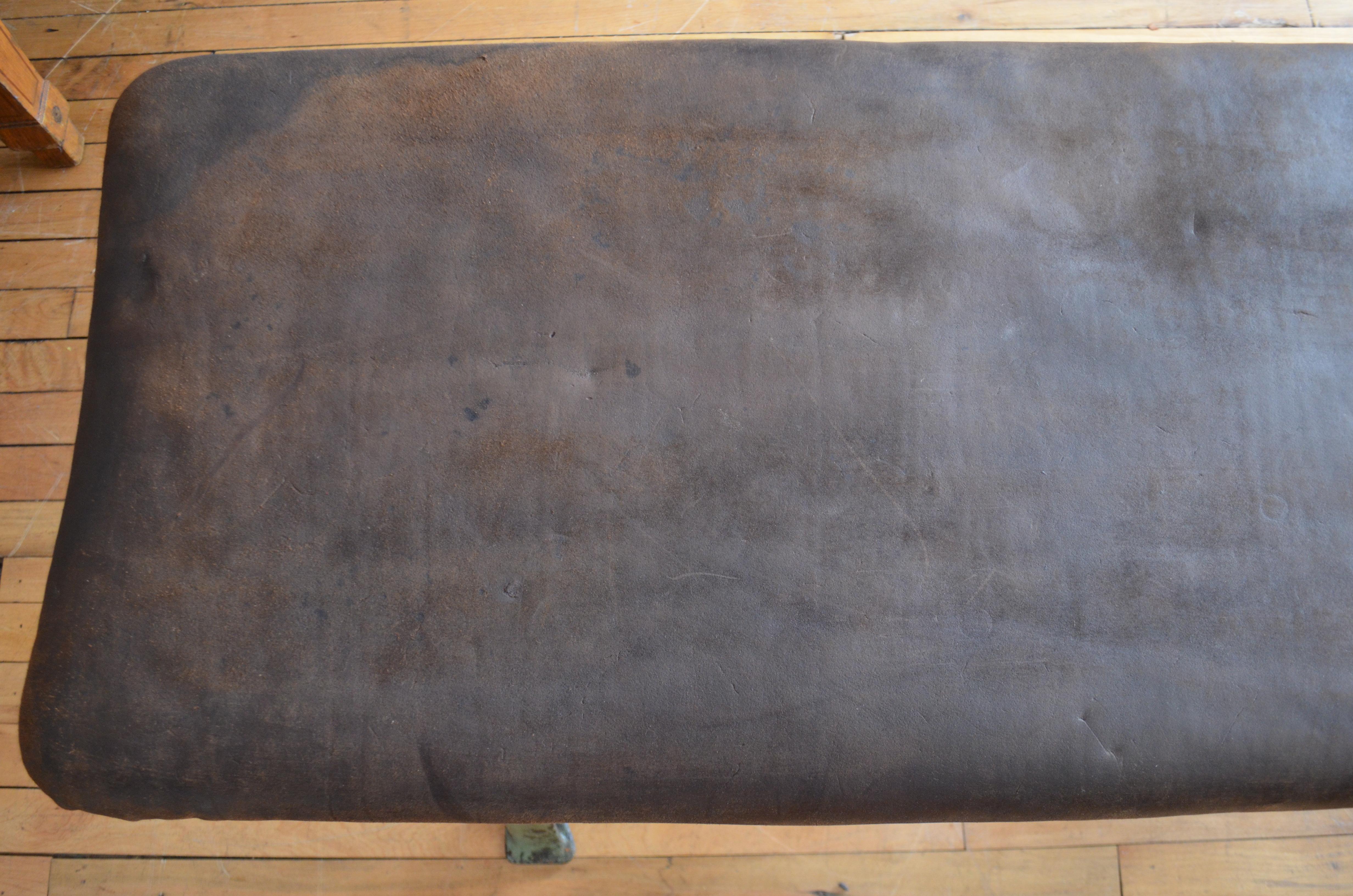 Bench of Suede Leather with Industrial Forged Iron Base, Early 20th Century For Sale 5
