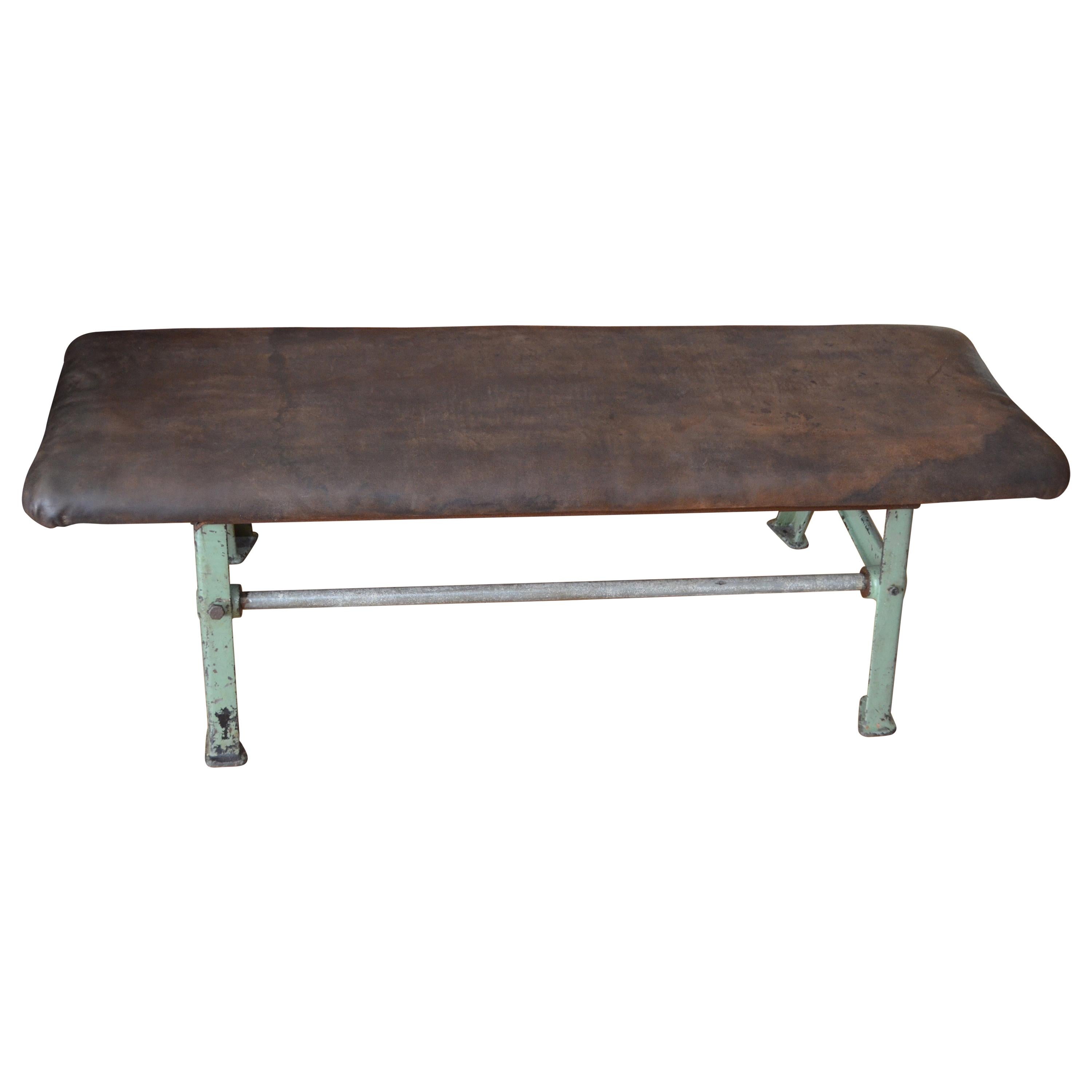 Bench of Suede Leather with Industrial Forged Iron Base, Early 20th Century For Sale