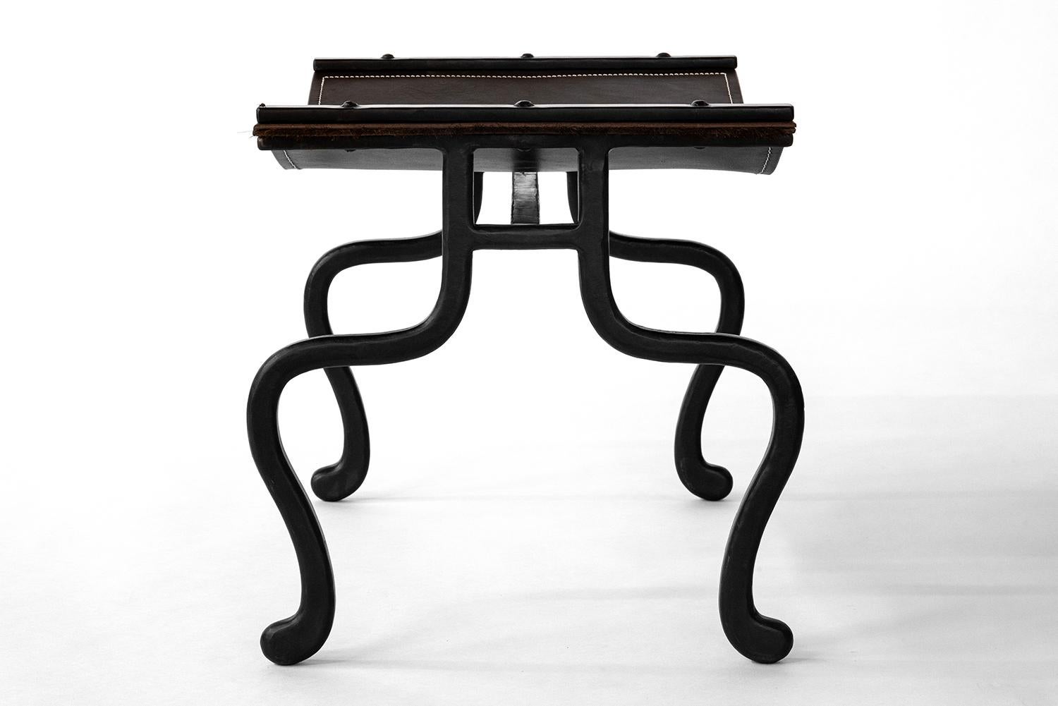 Modern Bench Organic Contemporary Blackened Steel and Saddle Leather with Horsehair For Sale