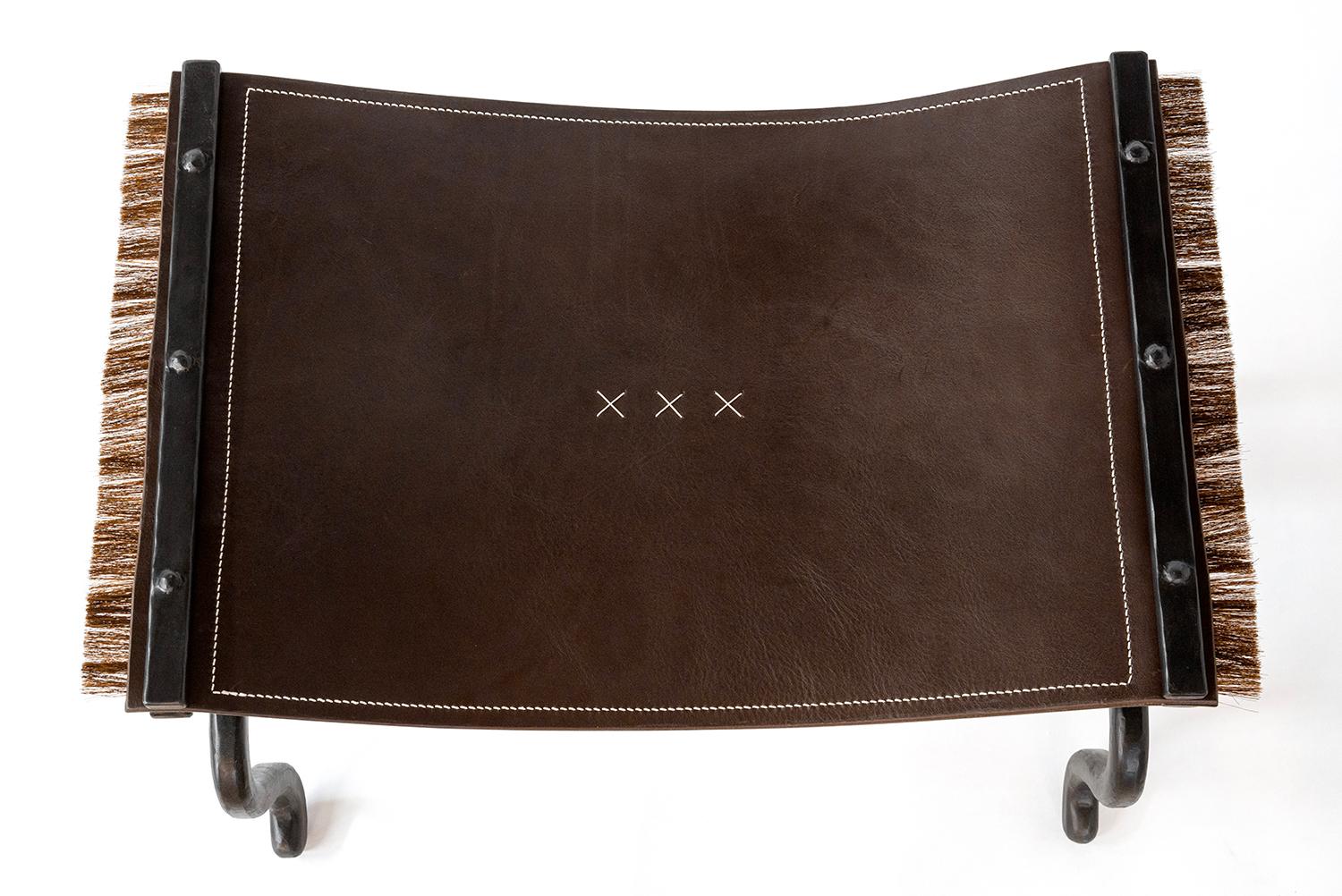 American Bench Organic Contemporary Blackened Steel and Saddle Leather with Horsehair For Sale