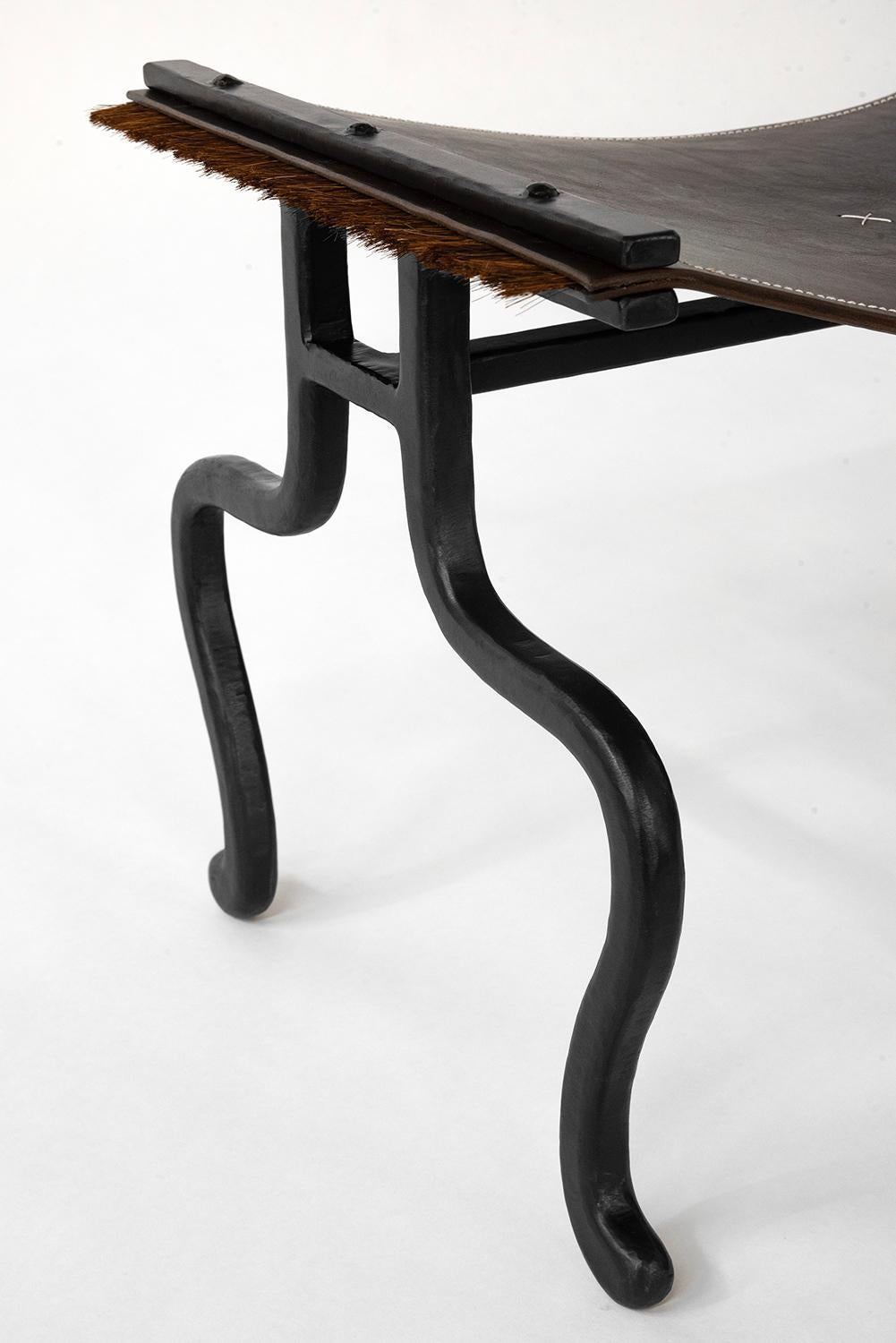 Bench Organic Contemporary Blackened Steel and Saddle Leather with Horsehair In New Condition For Sale In Bronx, NY
