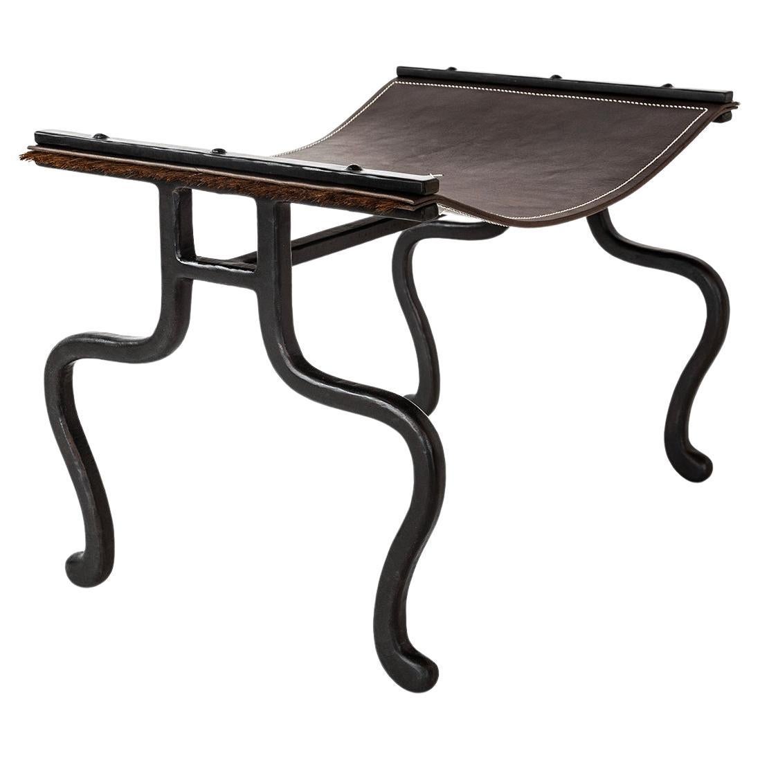 Bench Organic Contemporary Blackened Steel and Saddle Leather with Horsehair