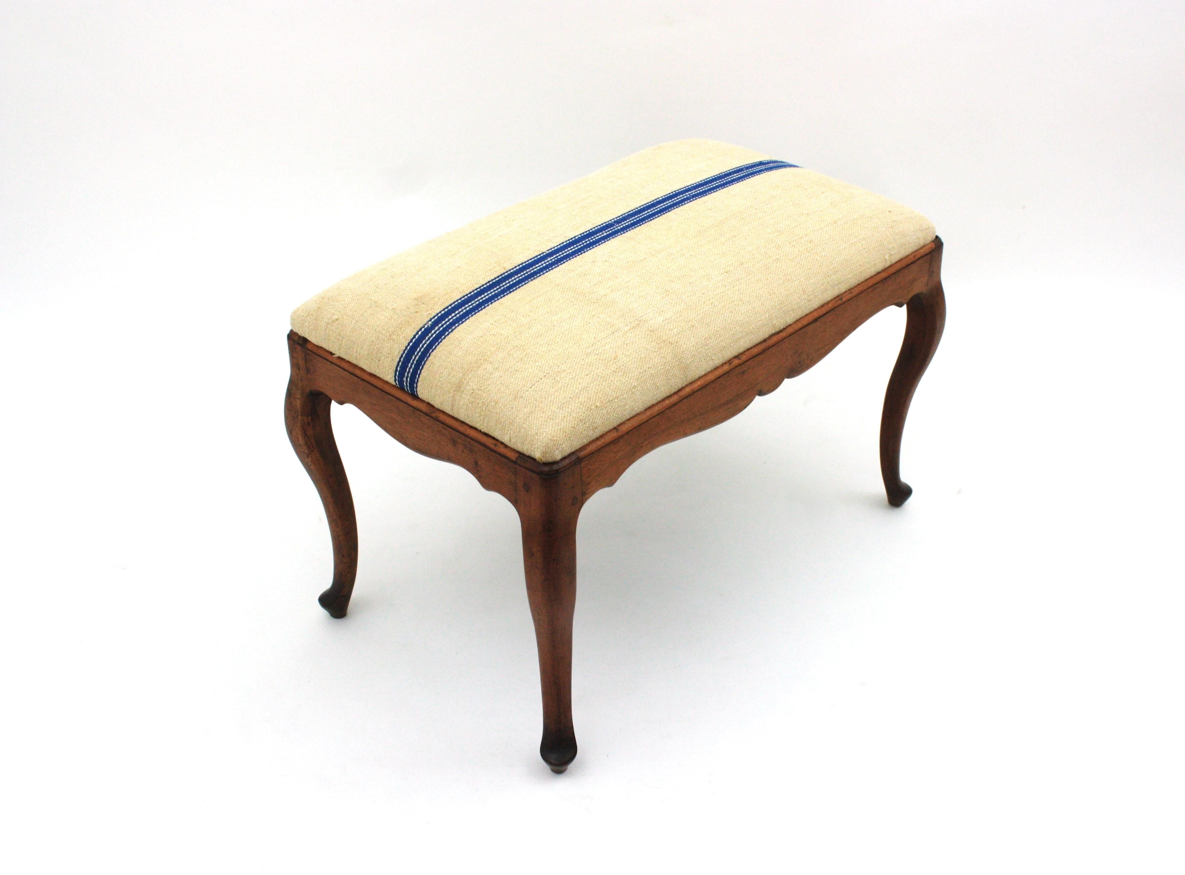 Bench Ottoman Stool in Walnut New Upholstered in Vintage French Linen For Sale 3