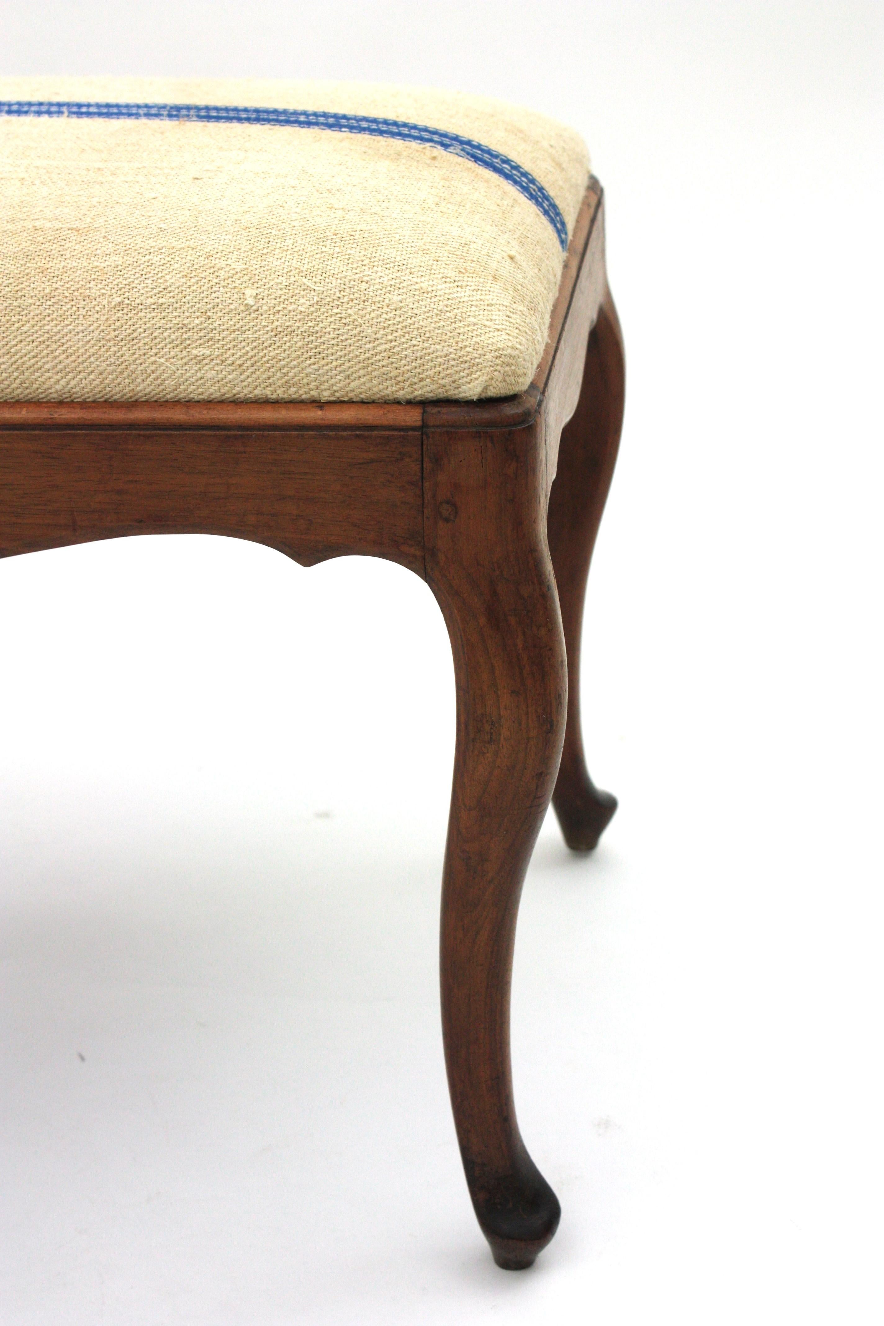 Bench Ottoman Stool in Walnut New Upholstered in Vintage French Linen For Sale 4