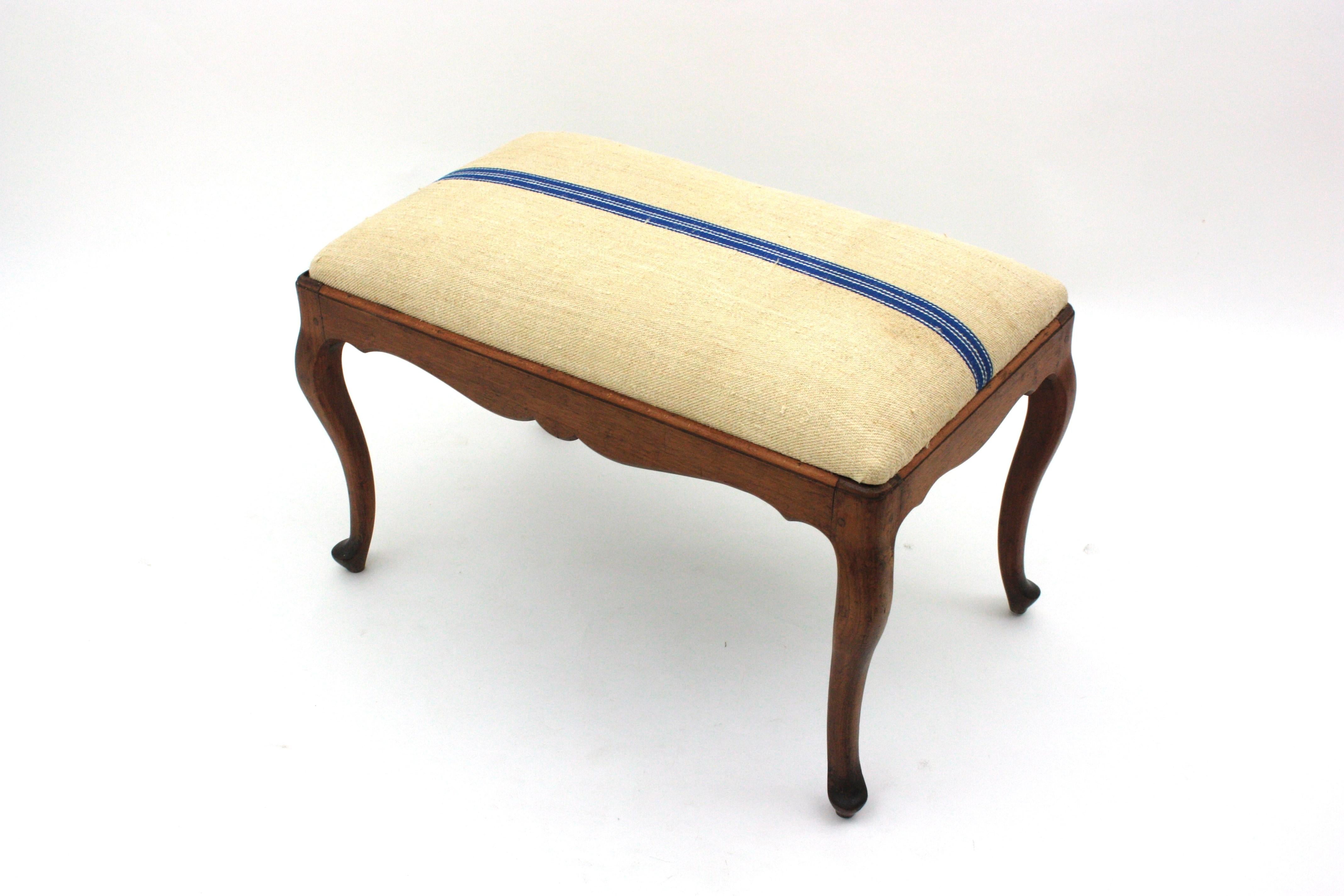 Bench Ottoman Stool in Walnut New Upholstered in Vintage French Linen For Sale 5