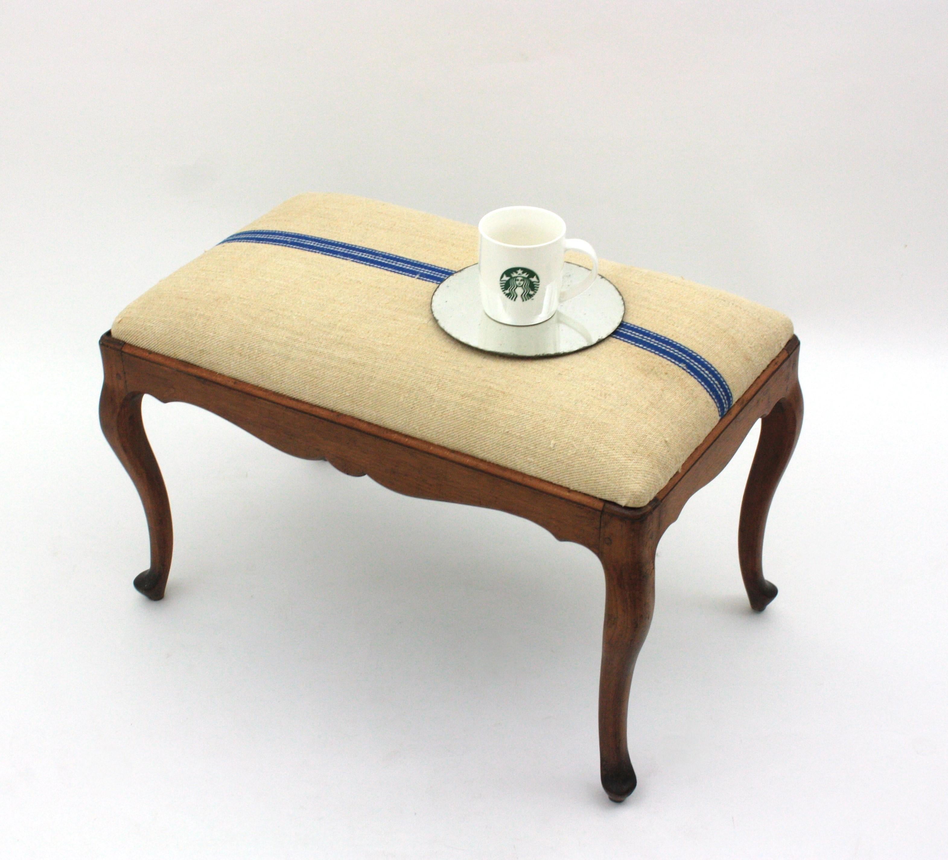 Bench Ottoman Stool in Walnut New Upholstered in Vintage French Linen For Sale 6