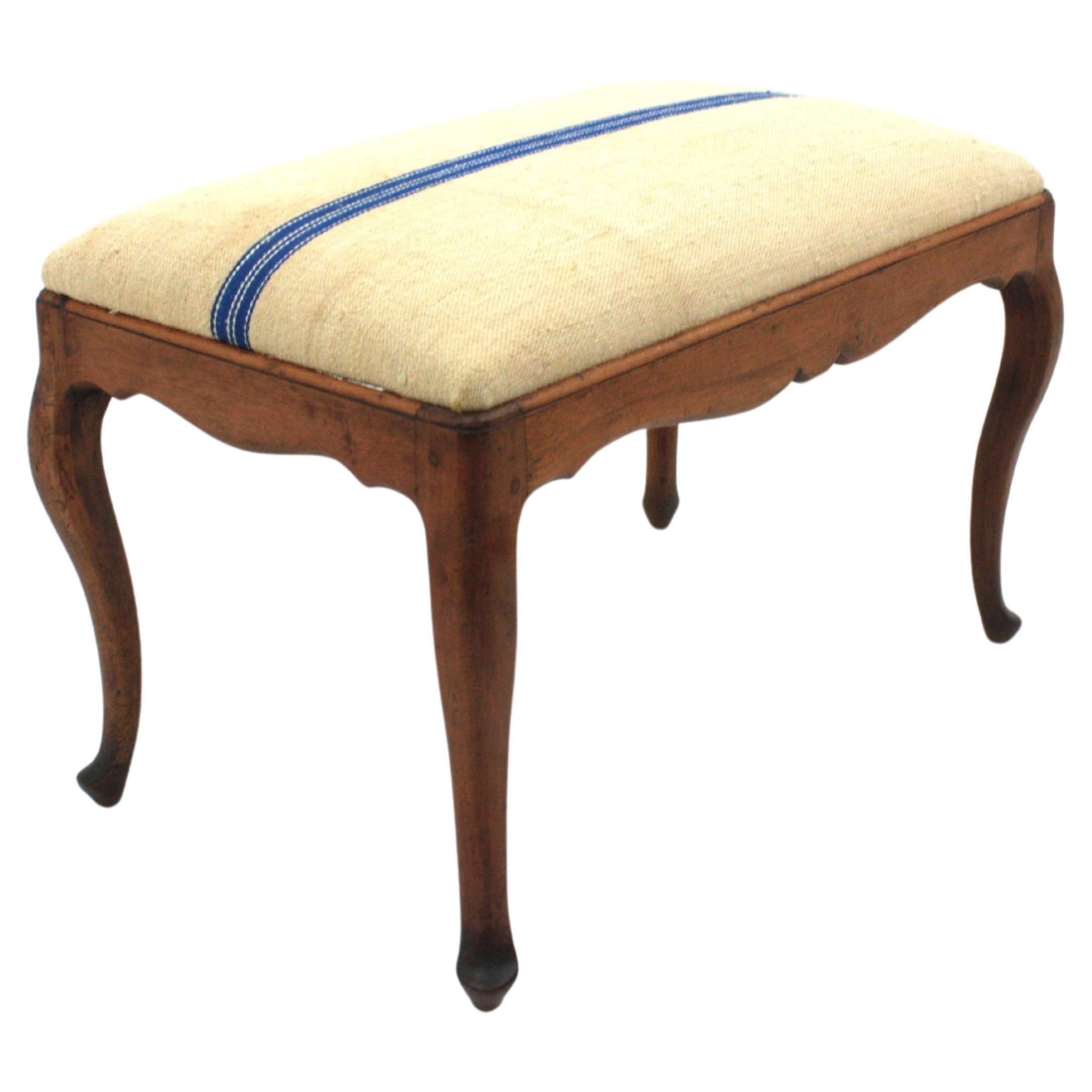 French Provincial Bench Ottoman Stool in Walnut New Upholstered in Vintage French Linen For Sale