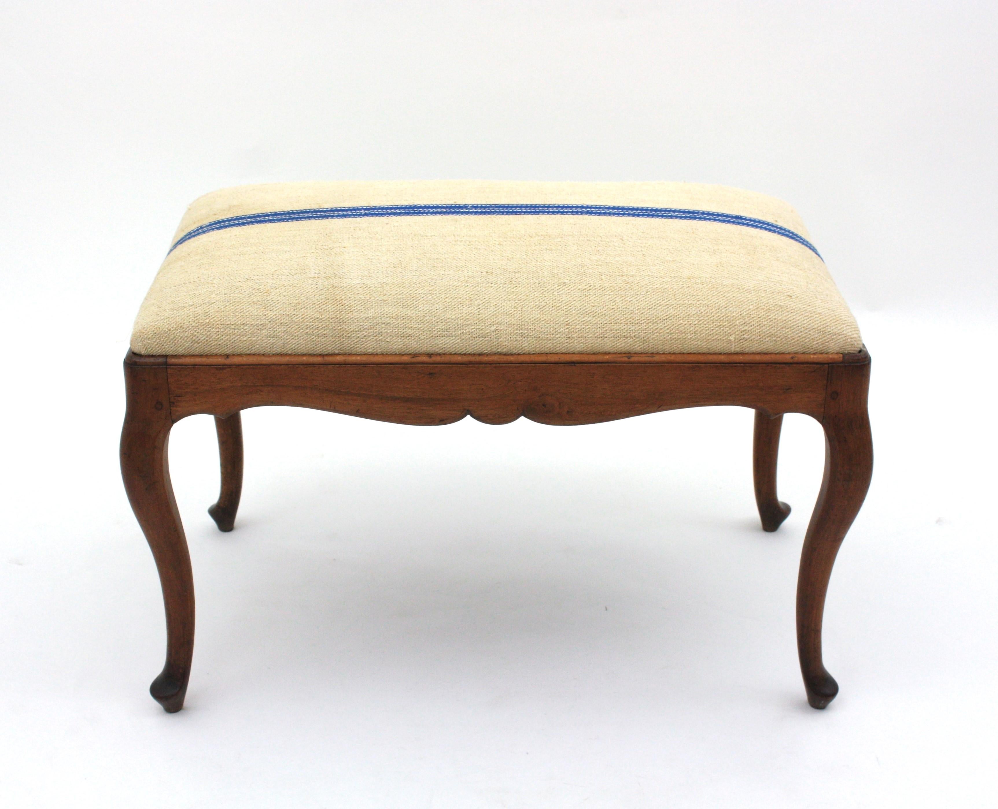 Carved Bench Ottoman Stool in Walnut New Upholstered in Vintage French Linen For Sale