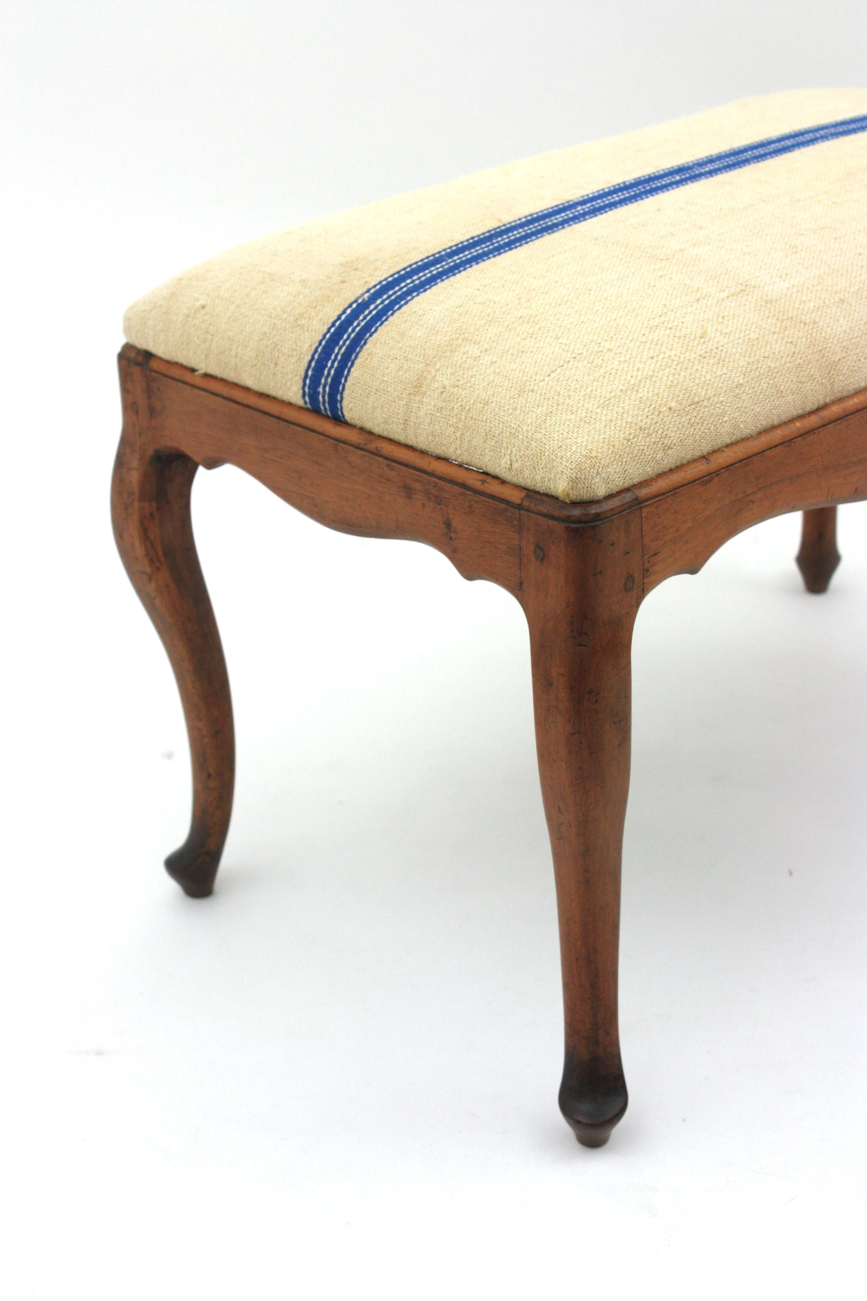 20th Century Bench Ottoman Stool in Walnut New Upholstered in Vintage French Linen For Sale