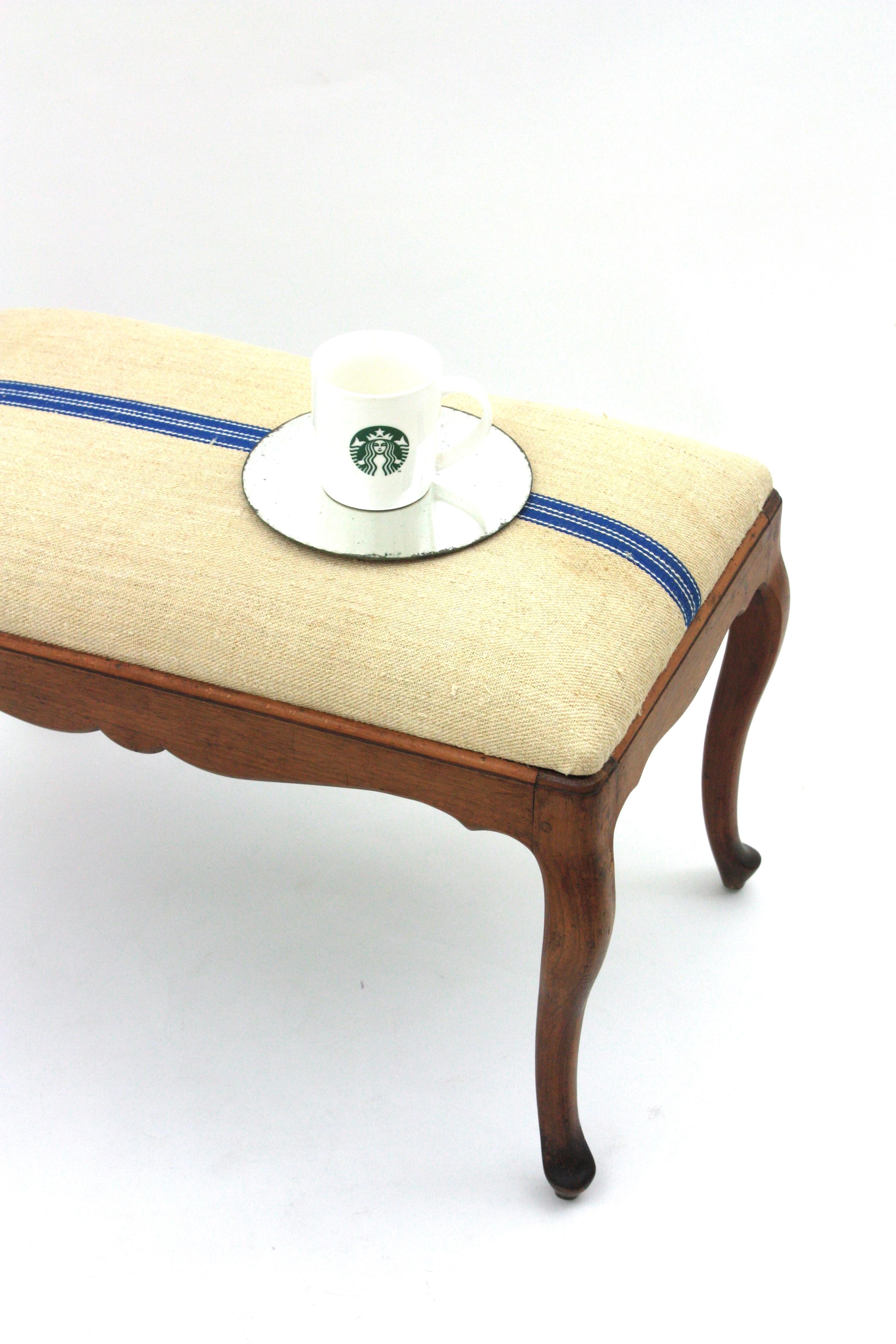 Fabric Bench Ottoman Stool in Walnut New Upholstered in Vintage French Linen For Sale