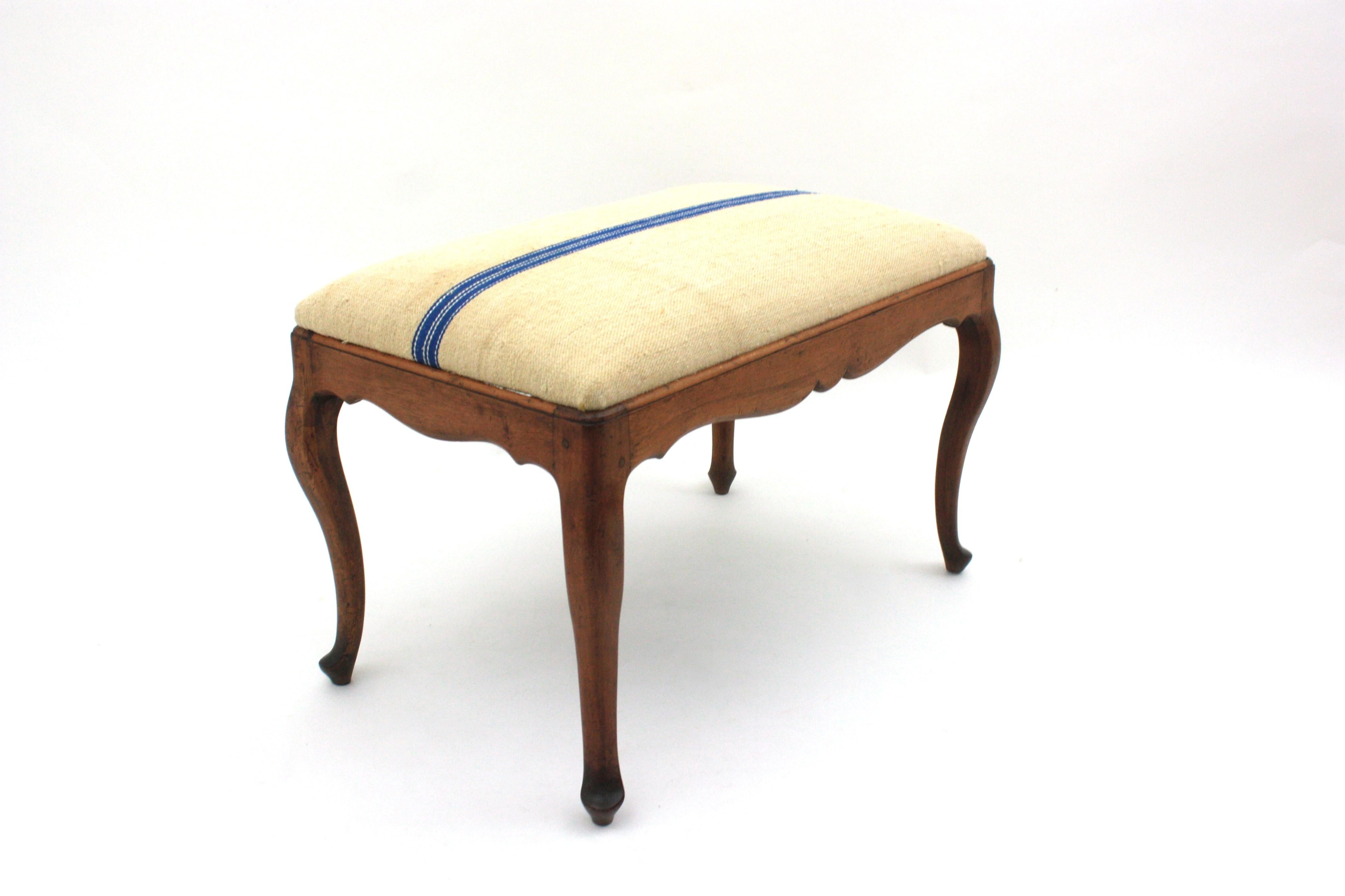Bench Ottoman Stool in Walnut New Upholstered in Vintage French Linen For Sale 2