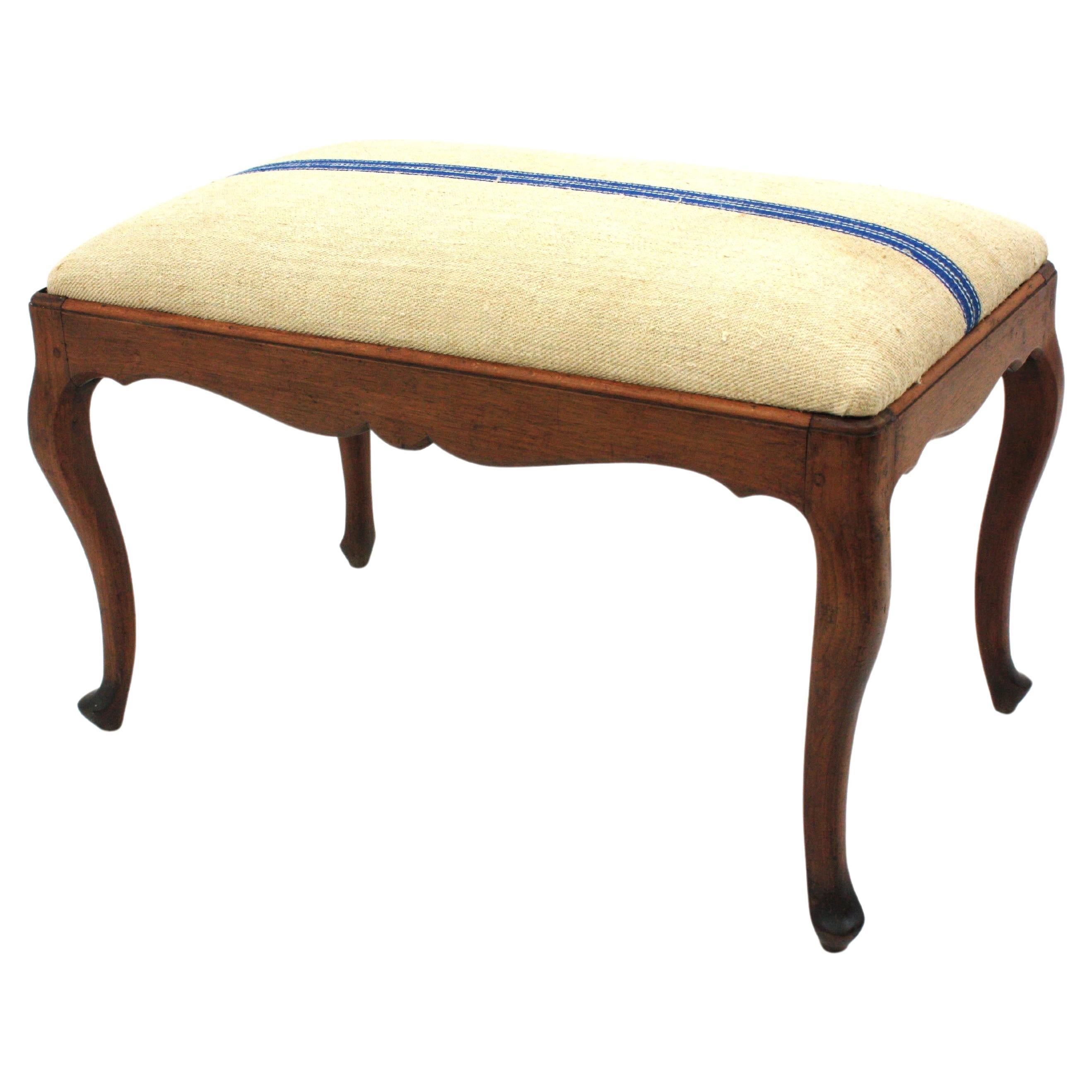 Bench Ottoman Stool in Walnut New Upholstered in Vintage French Linen For Sale
