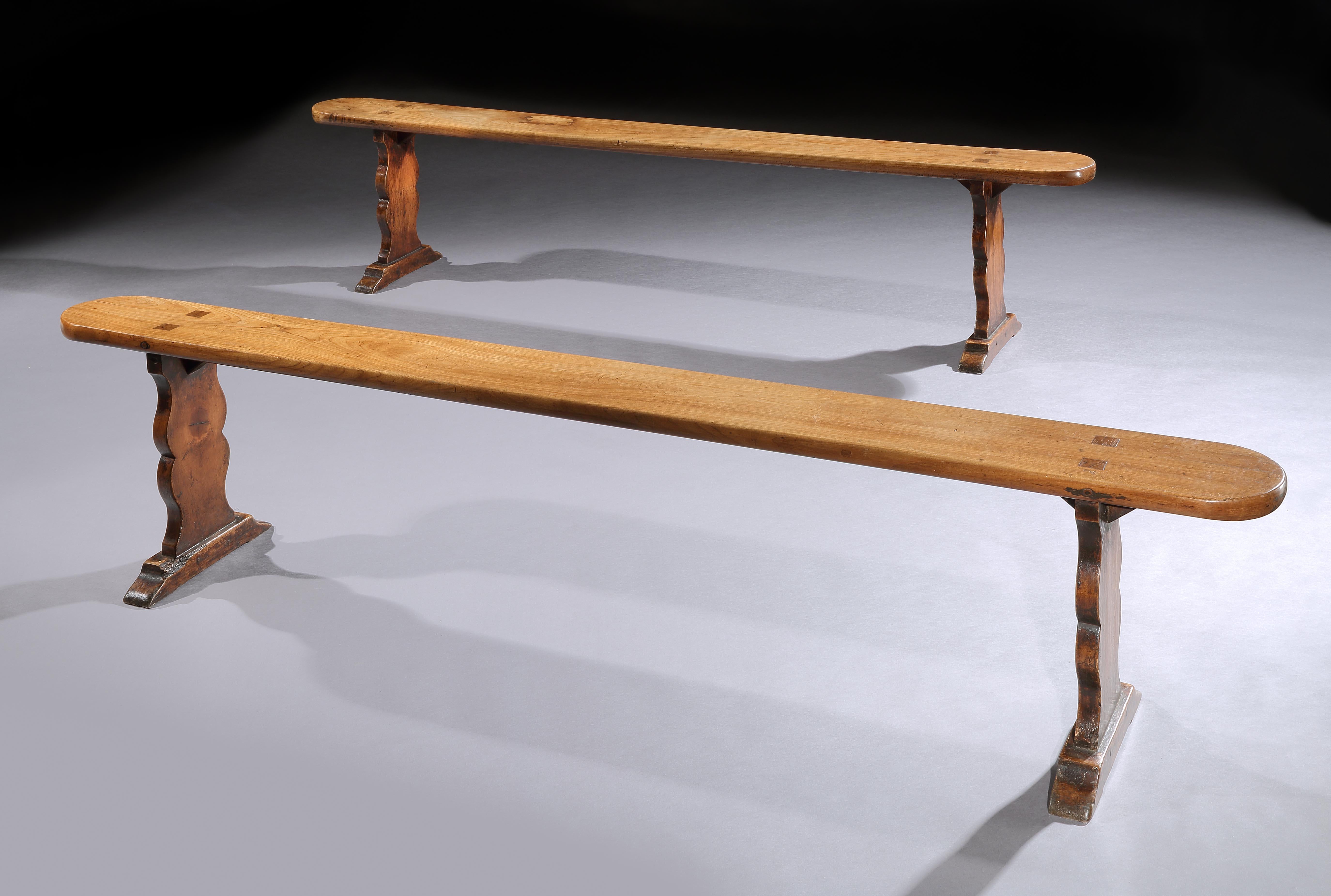 Single plank tops, lovely shaped ends on trestle feet. Exceptional original color and patina.
  