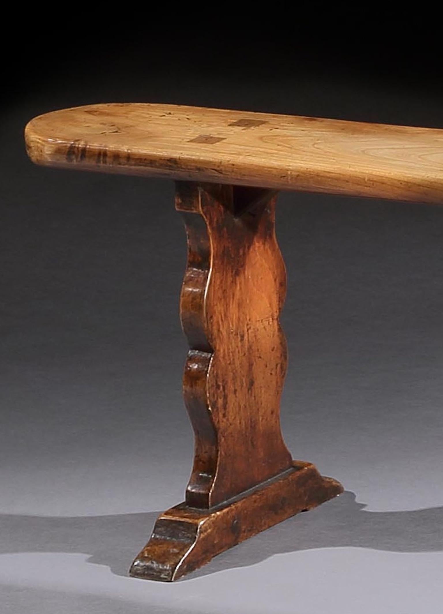 European Bench, Pair 18th Century, French, Vernacular, Provincial, Elm, Trestle For Sale